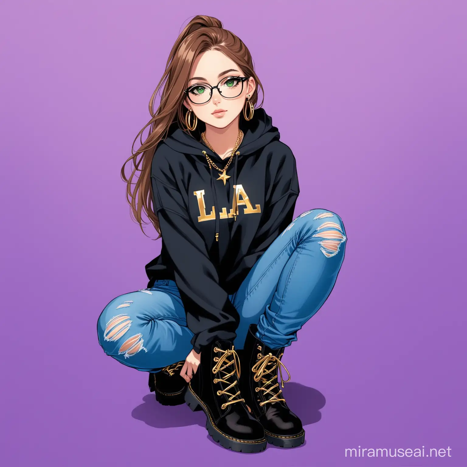 22 year old girl, long brown hair, green eyes, black glasses, blue L.A hoodie, flare jeans, gold earrings, gold necklace, black laced up boots, purple background,