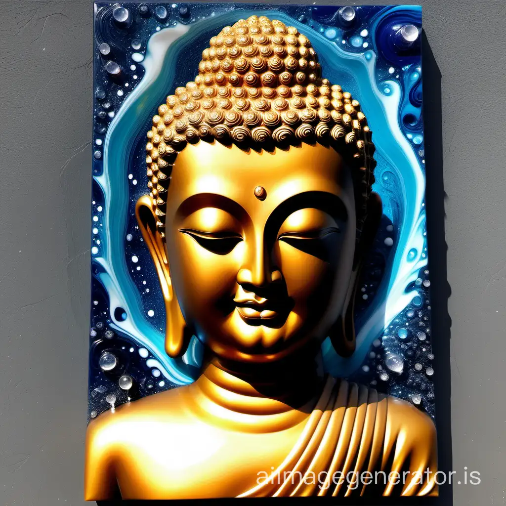 Acrylic Pour Resin Art creating mesmerizing and glossy compositions of lord buddha, where vibrant acrylic pours meld with the lustrous depth of resin, resulting in visually captivating and glossy portrayals.