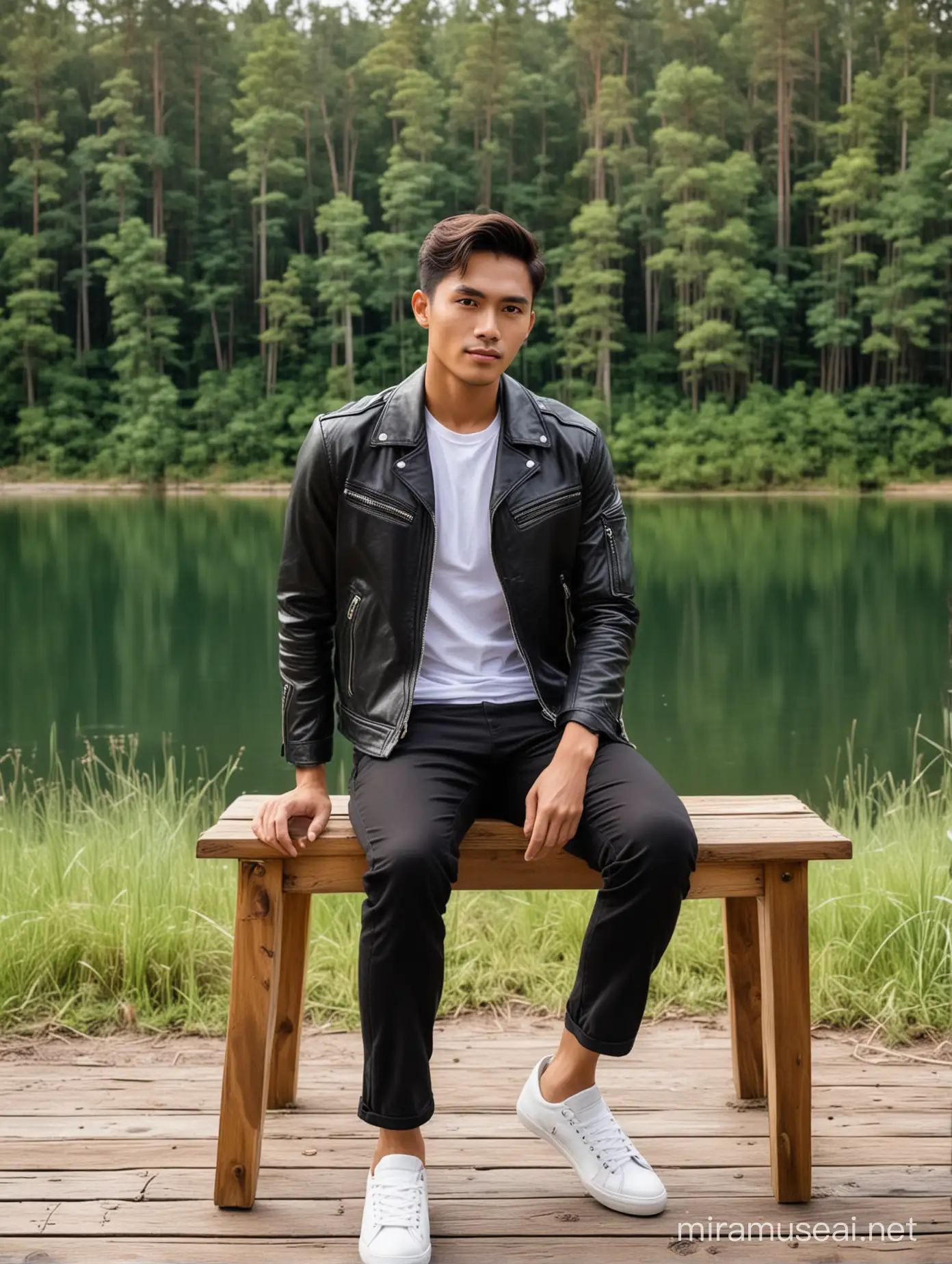 Handsome man from Indonesia, short hair parted neatly to the side, round face, height 175, weight 70, full body, wearing a white t-shirt, black leather jacket, white shoes, sitting on a wooden chair, with girlfriend, with a pine forest  and lake in the background