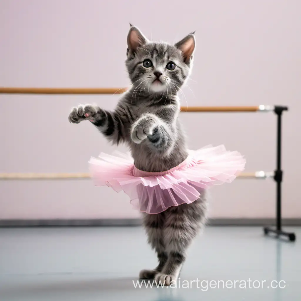 балетный зал, серый котик стоит на задних лапках у хореографического станка, на котике надета юбка балерины розовая