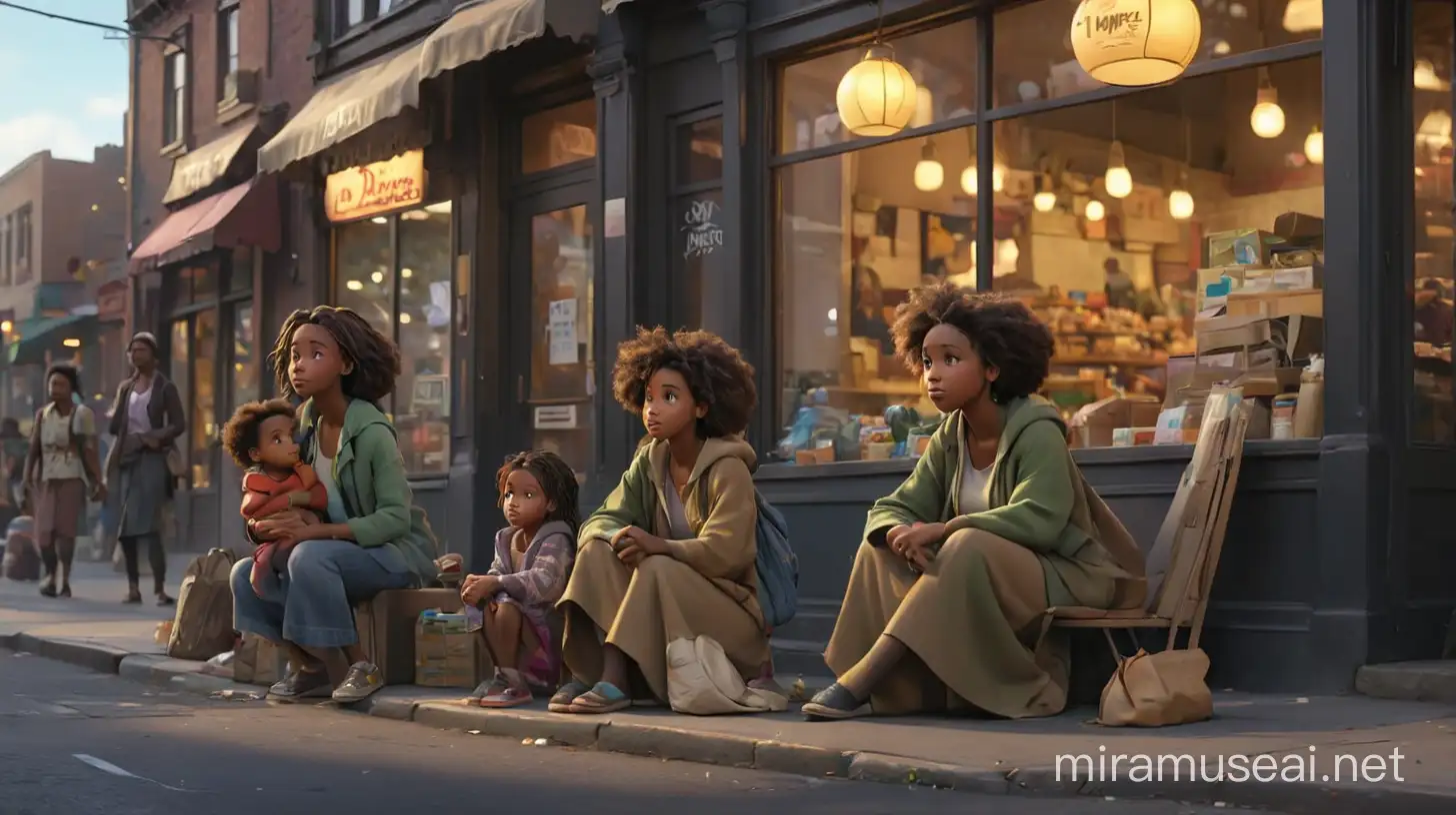 create an image of a rich   African-American woman walks past a homeless women and her child that are sitting in front  of a store.  Illumination, Disney-Pixar style illustration 3-D animation, 4K