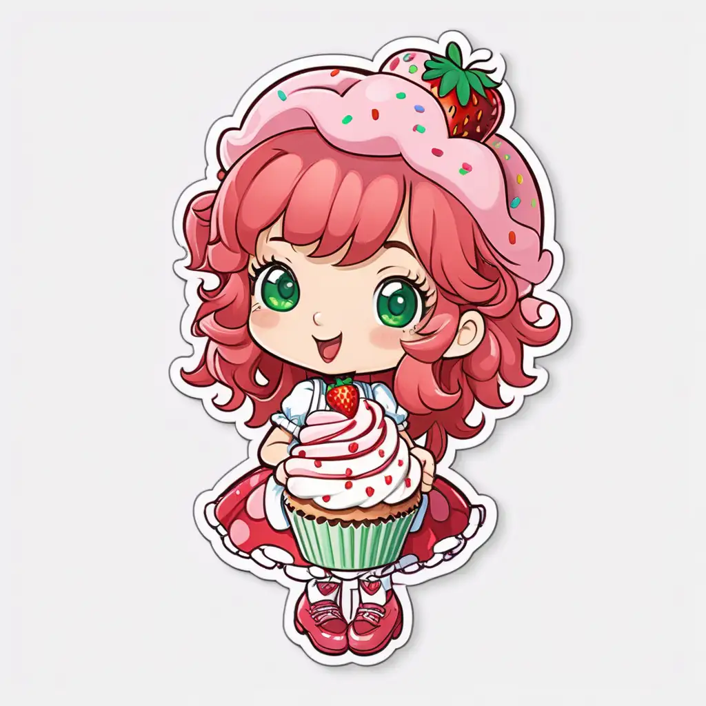 valentine theme,Sticker, strawberry shortcake ,green eyes,Delightful holding a cupcake with Sprinkles valentine,cartoon, contour, 
vector, white background