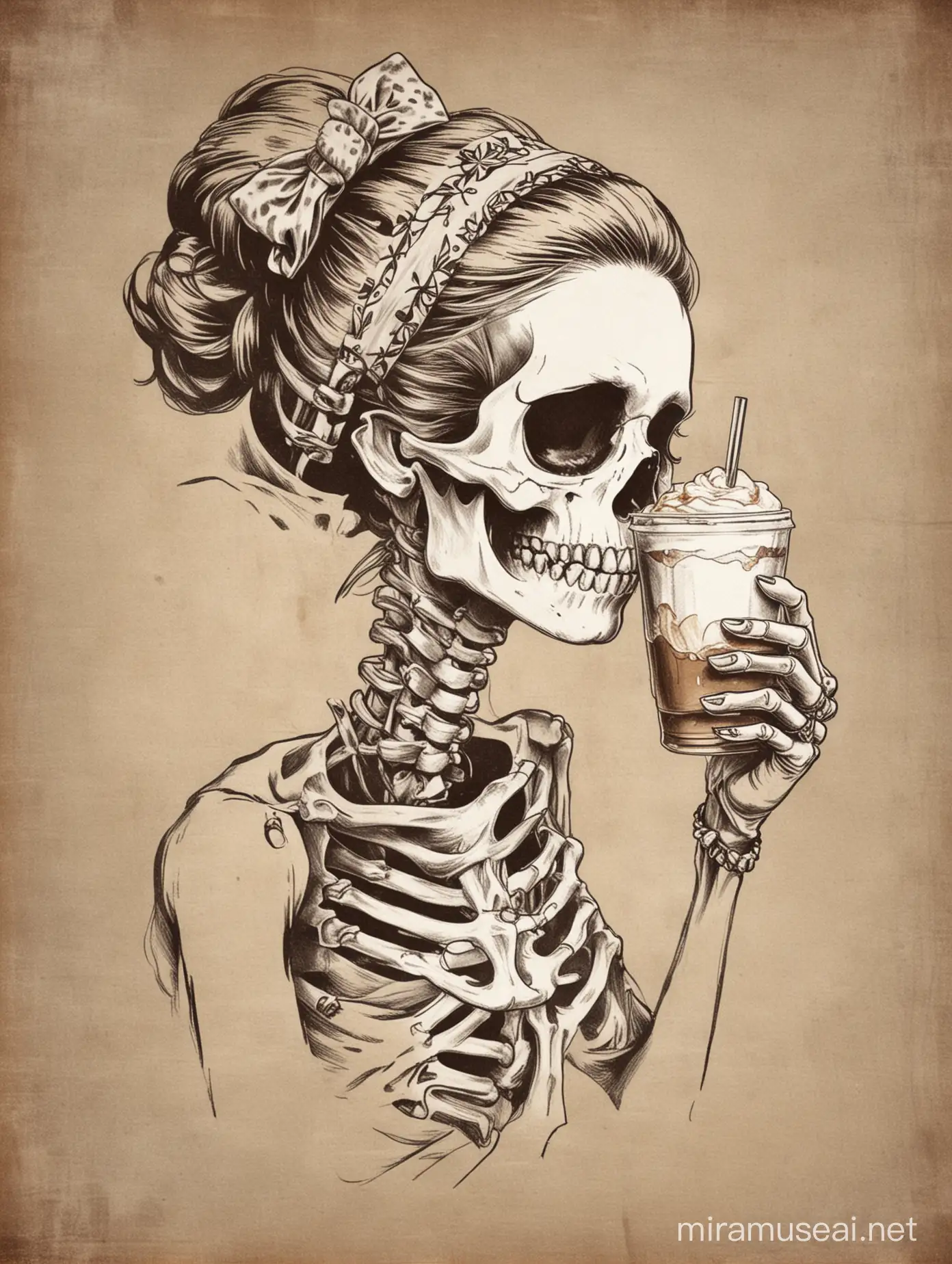 Vintage poster design, stencils, simple, minimalism, vector art, Sketch drawing, flat, 2d, a skeleton with hair in a bun on his head, head Hollywood style bow bandana,drawing drawing of female skeleton with four fingers and thumb drinking large iced coffee raised to mouth sucking into straw, Do not crop images, black and white color