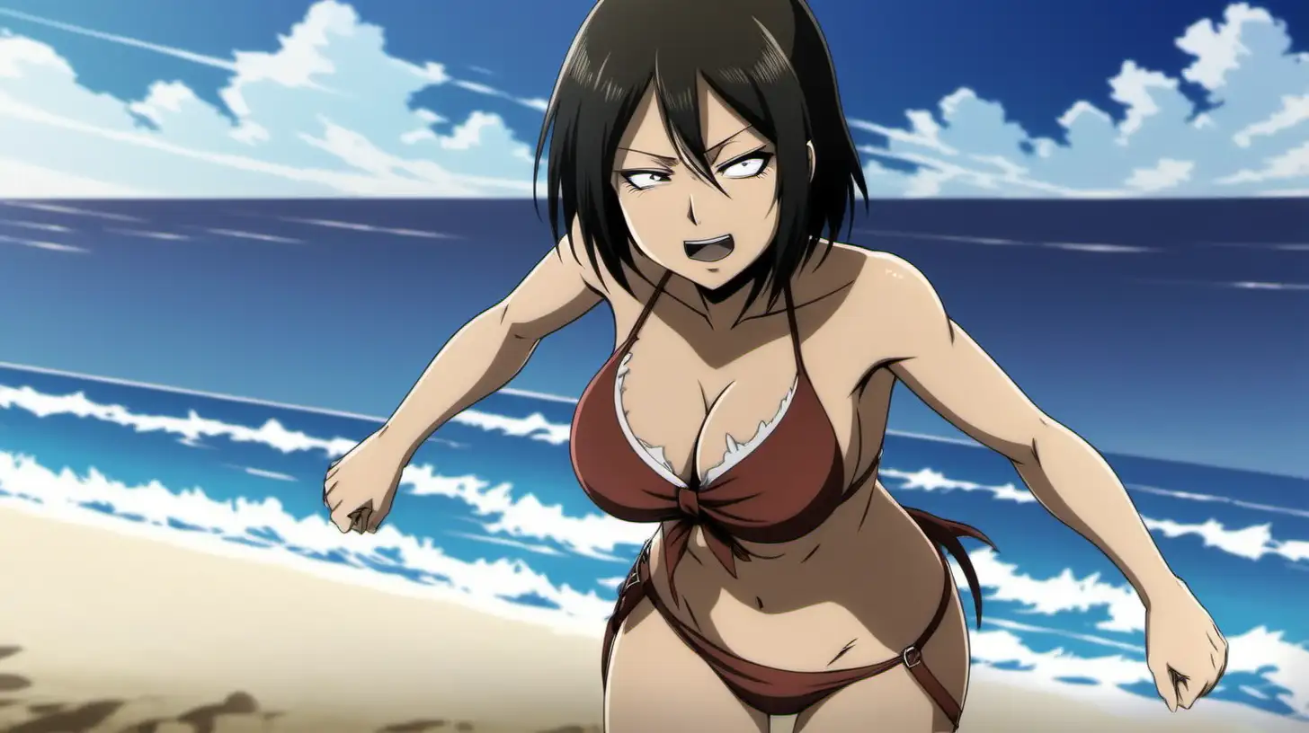 attack on tittan. Beach background. Mikasa is on the right side of the frame. The left side of the frame is blank except for the beach. she is wearing a skimpy bikini and has big boobs. she is happy