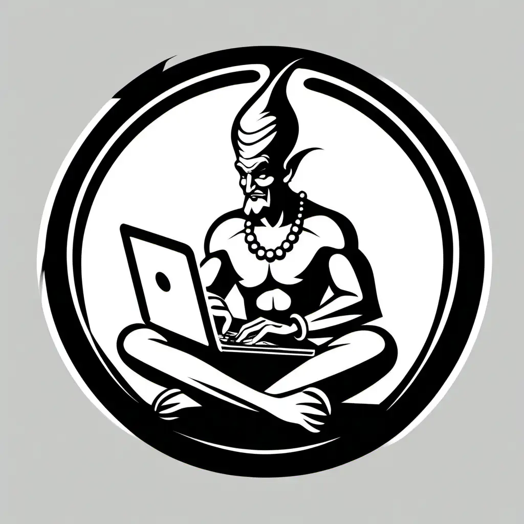 Black and white Stencil of genie working on a laptop, logo, in the style of Jim Phillips, minimalist, simplicity, evil, dark, vector art, isolated on black background -v 5