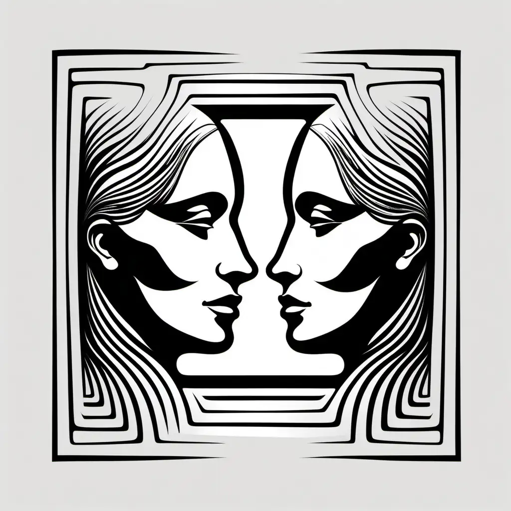 Mirror image. Silhouettes of two faces facing toward each other. Simple square black border.

Style: Solid black and white.
Mood: Optical illusion.

T -shirt design graphic, vector, contour. white background.