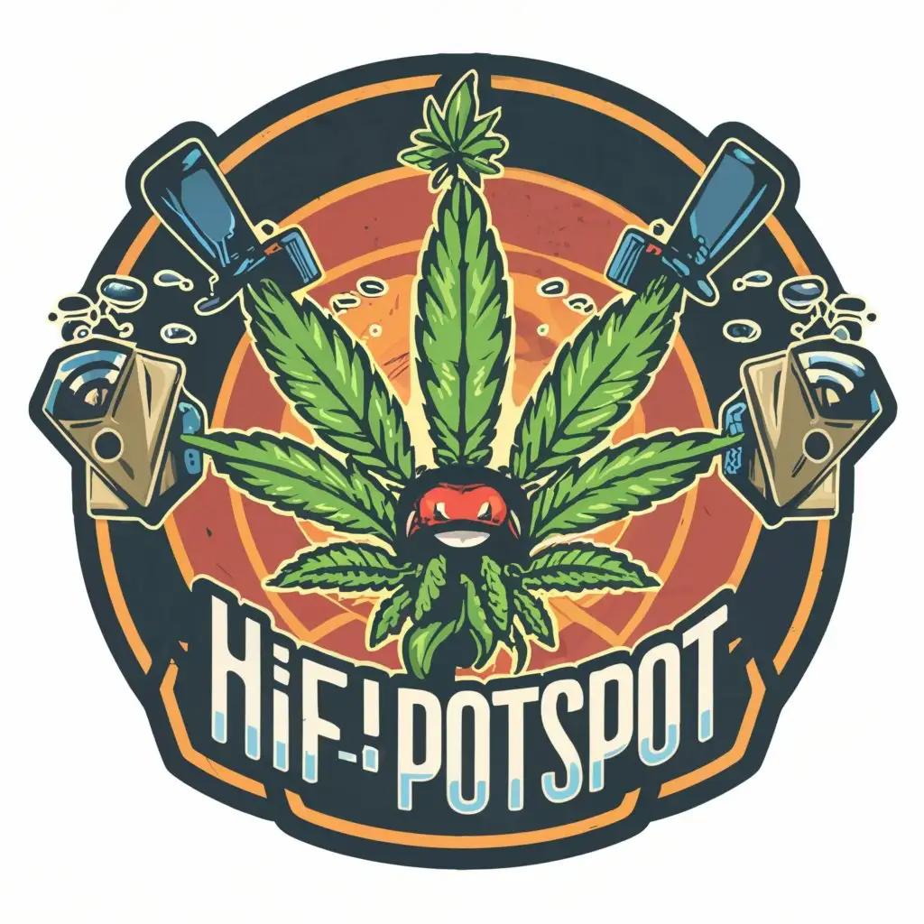 a logo design, with the text 'Hifi-Potspot', main symbol: Cartoon Weed Cannibas plant connecting to a Wi-Fi hotspot logo in a circle sticker, Moderate, clear background
