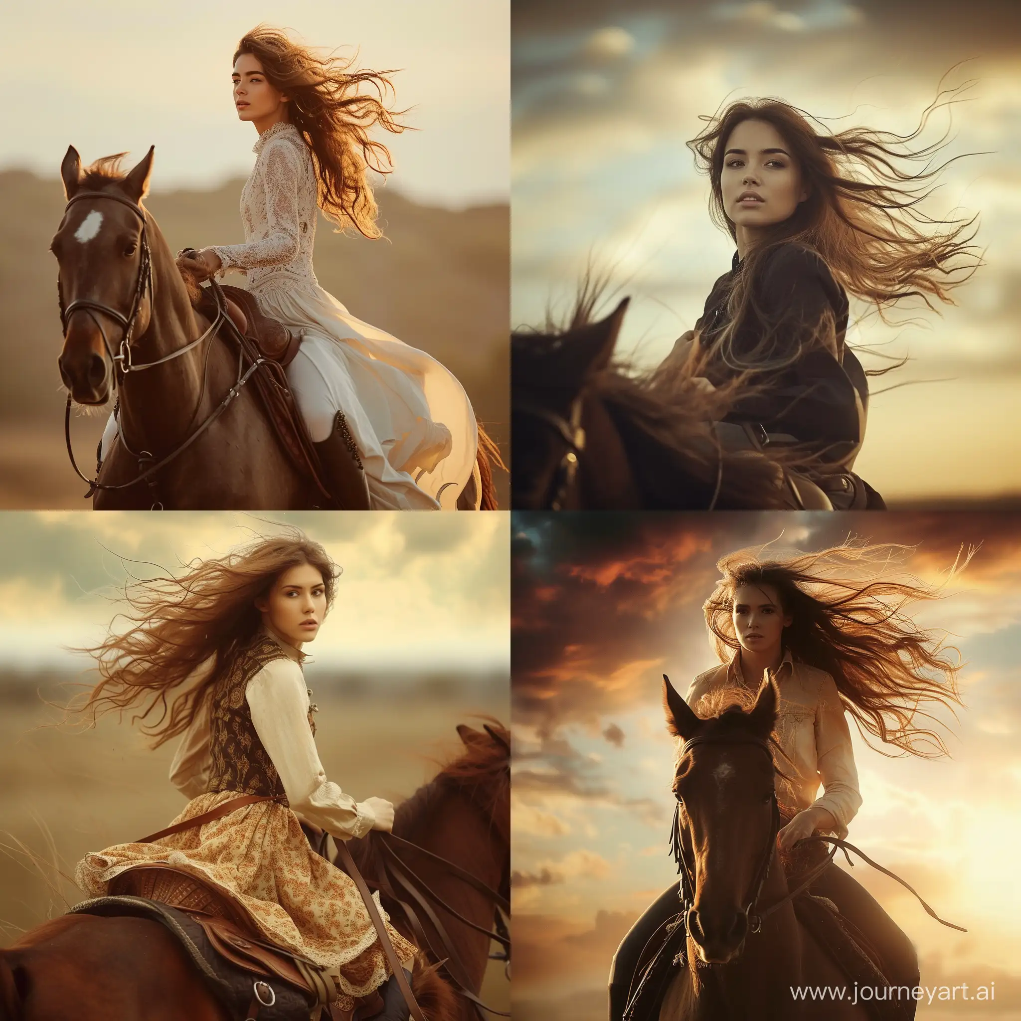A beautiful woman riding a horse with her hair flowing in the wind 