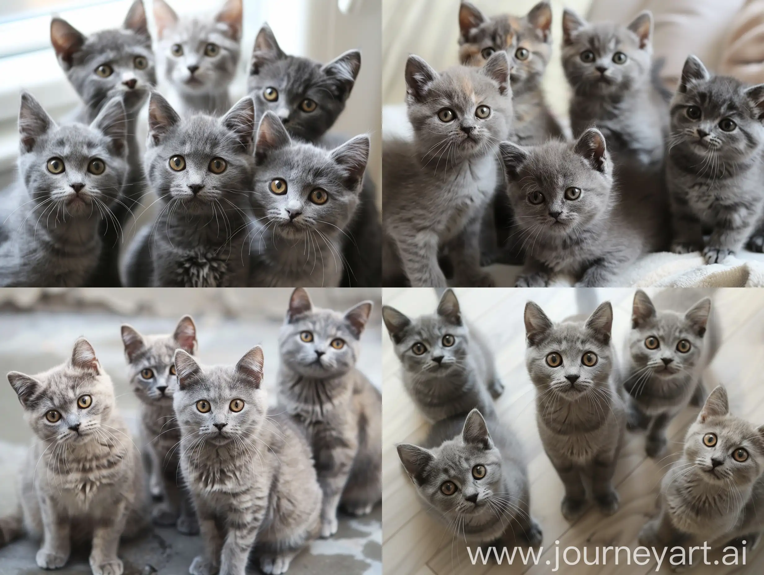  5 british and scottish gray cats looking to camera realistic