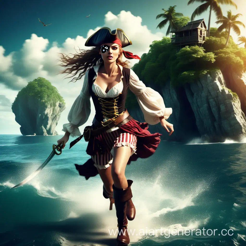 красивая девушка-пират бежит с острова