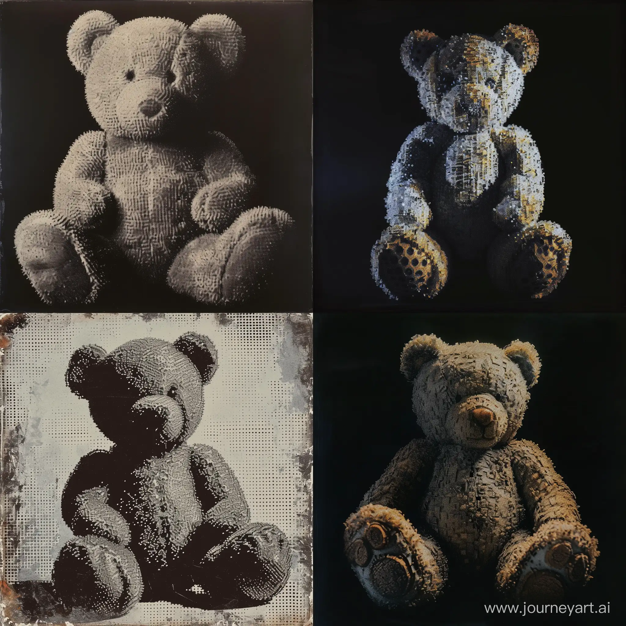 art of the [teddy bear], in the style of subdued pointillism, photocopy, robotic expressionism, chiaroscuro dramas, layered stencil work, photo taken with provia --v 6