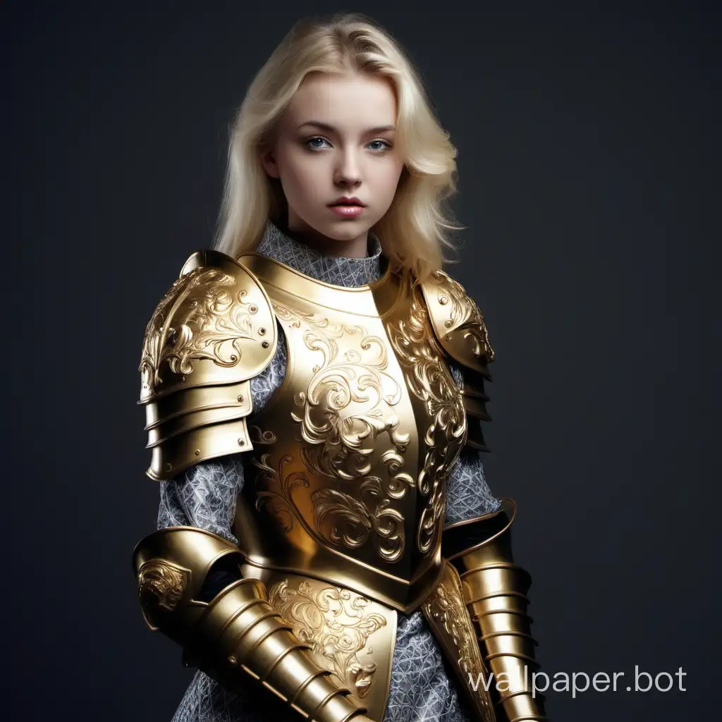 girl, blonde, 25 years old, girl knight, girl in armor, golden armor with pattern
