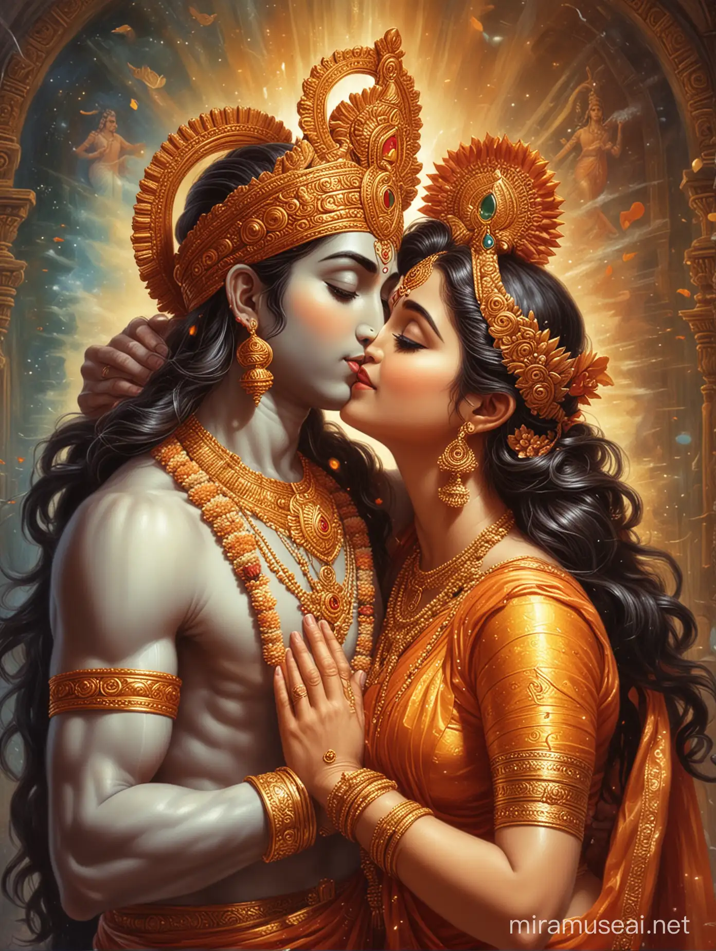 Hindu God Tenderly Kisses Hindu Goddess in Divine Embrace