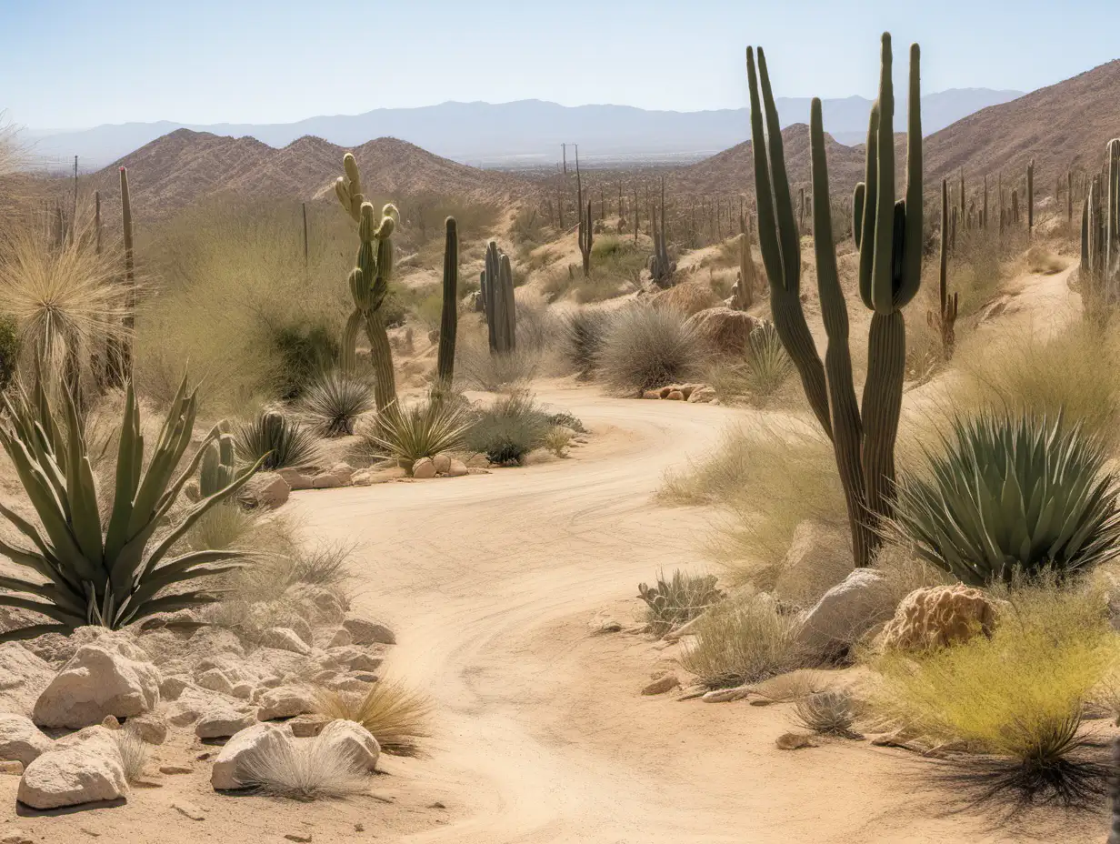 Scenic Desert Landscape with Cacti and Old Curved Sandy Road