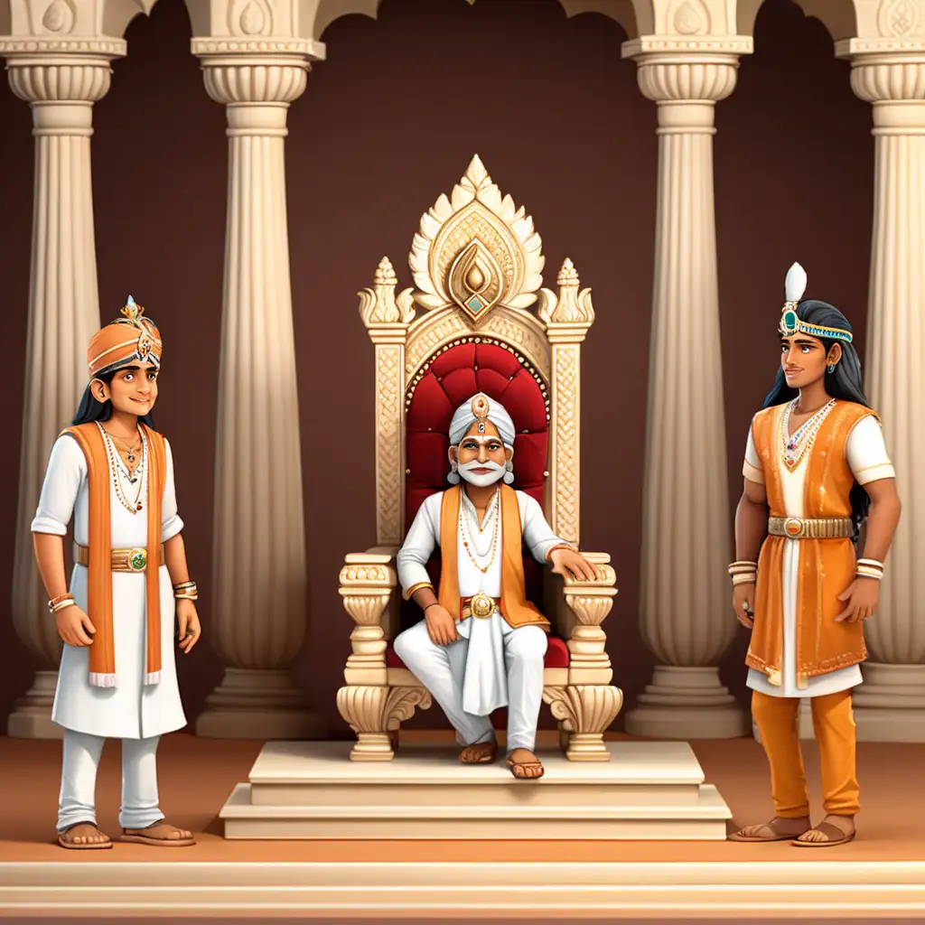 Create a 3D illustrator of an animated scene of a 
three young Indian men standing in front of the  Indian mid aged king in his assembly while the king is sitting on the throne.  Beautiful and spirited background illustrations.