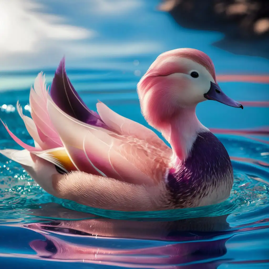 beautiful bright pink and purple duck swimming in blue water