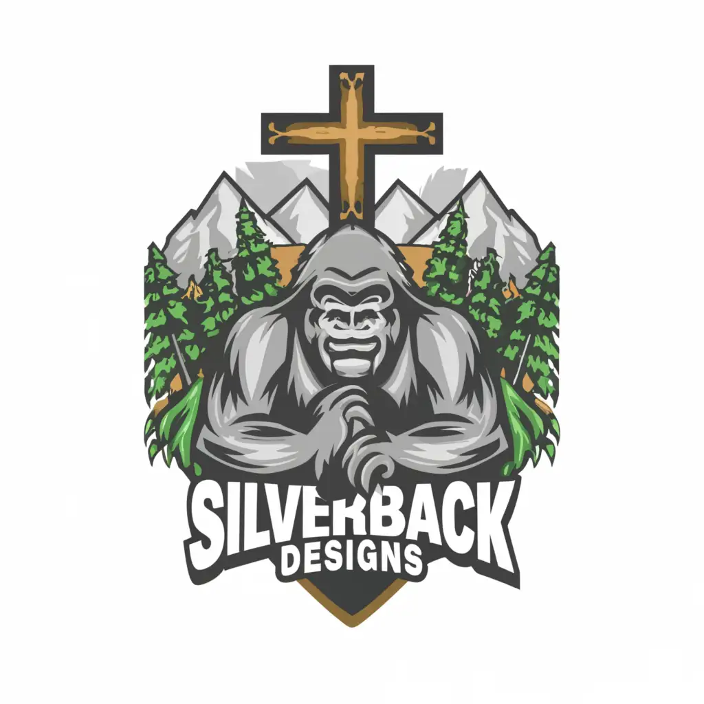 a logo design, with the text 'Silverback Designs', main symbol: Gorilla Christian cross shield pine trees mountains, complex, to be used in Religious industry, clear background