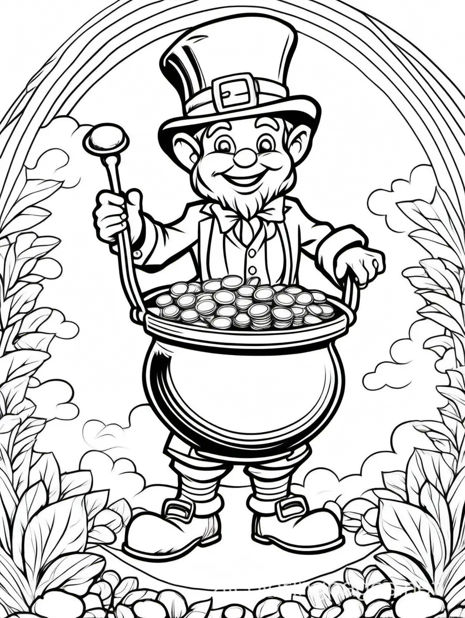 Leprechaun-Holding-Pot-of-Gold-Coloring-Page-Black-and-White-Line-Art-for-Kids
