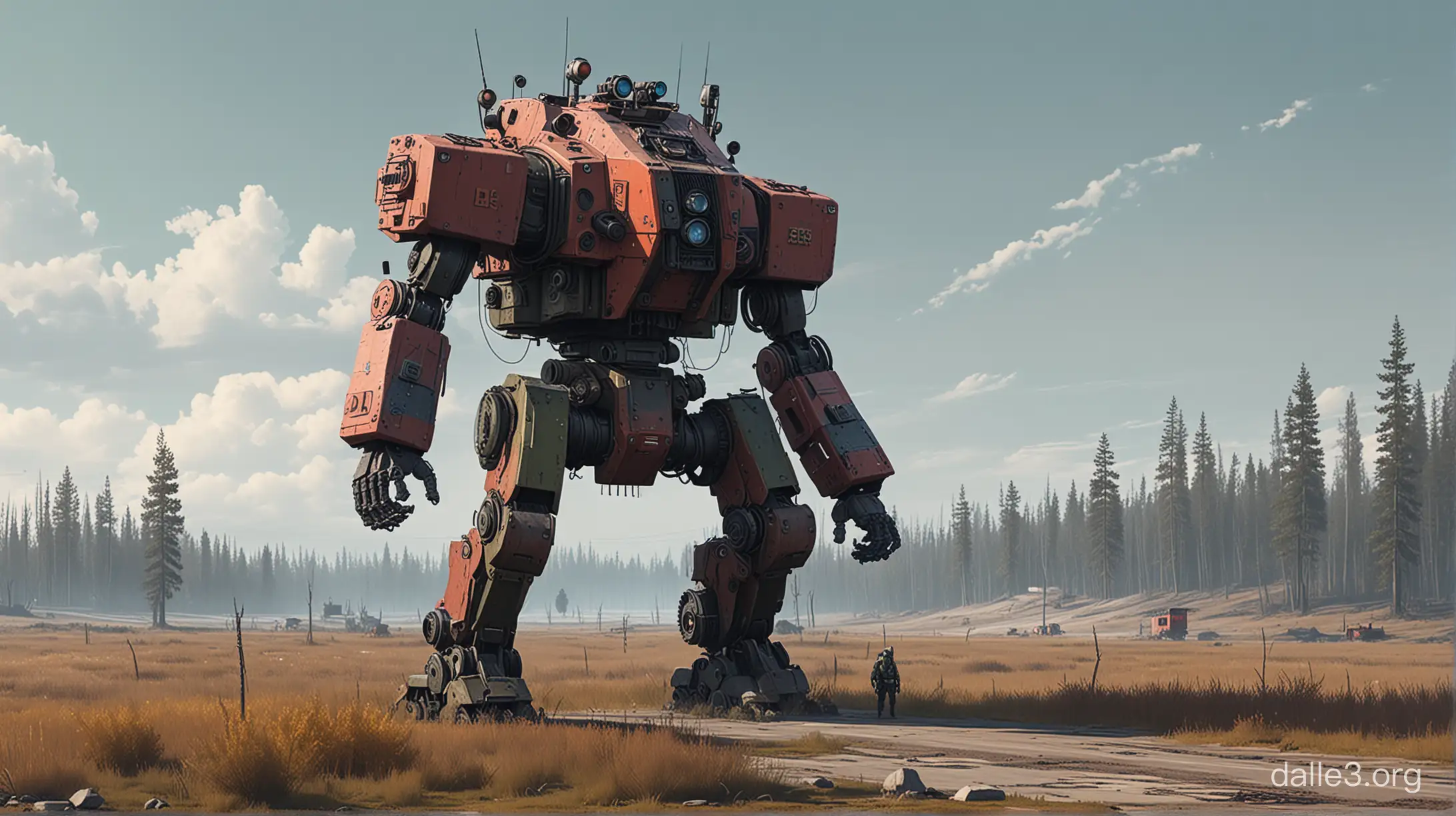 simon stalenhag style soviet combat mech