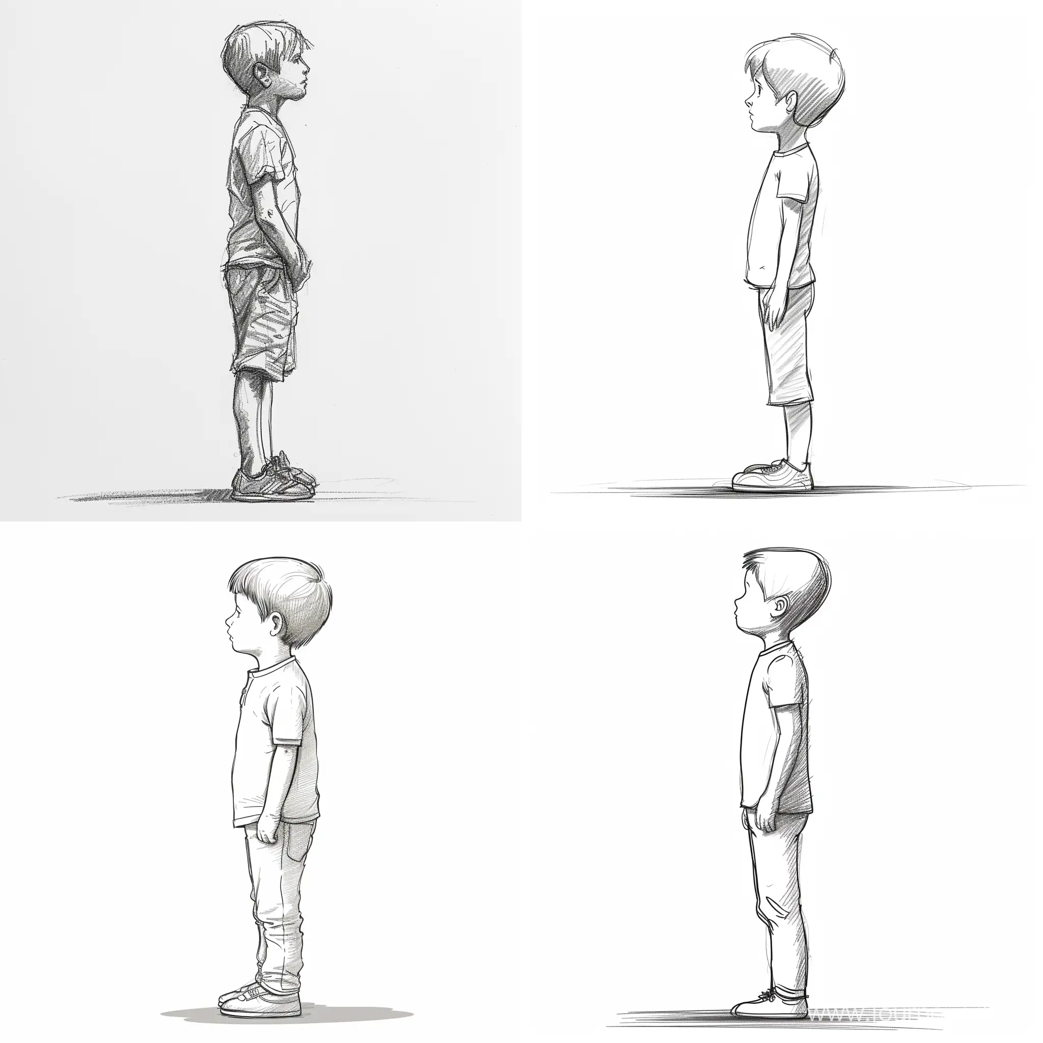 Postać dziecka stojącego, postura chłopca, wiek przedszkolny, postać rysowana