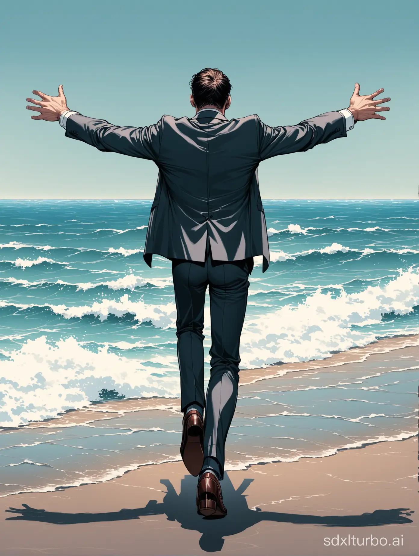 A man in a suit and leather shoes, facing the sea and with his back to the camera, shouts out 'struggle and strive',