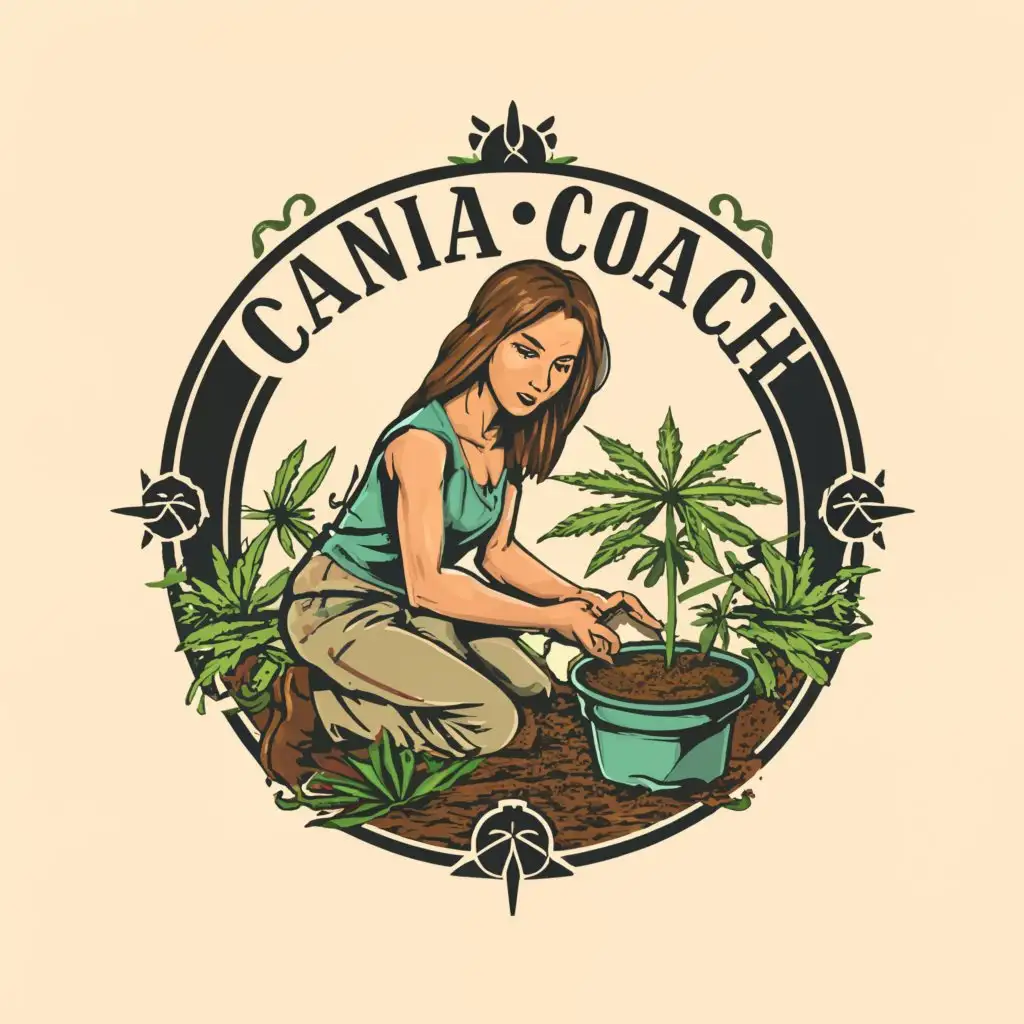 a logo design,with the text "CannaCoach", main symbol:a woman on her knees planting a small, young cannabis plant into the soil,complex,clear background