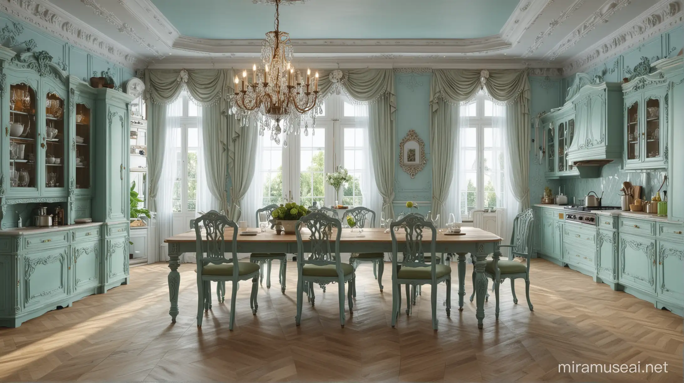 BaroqueStyle Luxury Kitchen with Light Blue and Green accents Chandelier Large Island Dining Table Vintage Furniture and French Windows 32K UHD Realistic HighQuality Photography