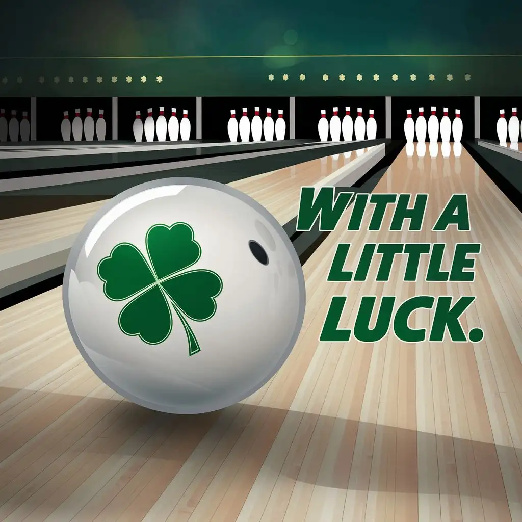 logo, Four leaf clover on a white bowlingball speeding towards pins on a bowlinglane, with the text "With a little luck", typography, be used in Sports Fitness industry