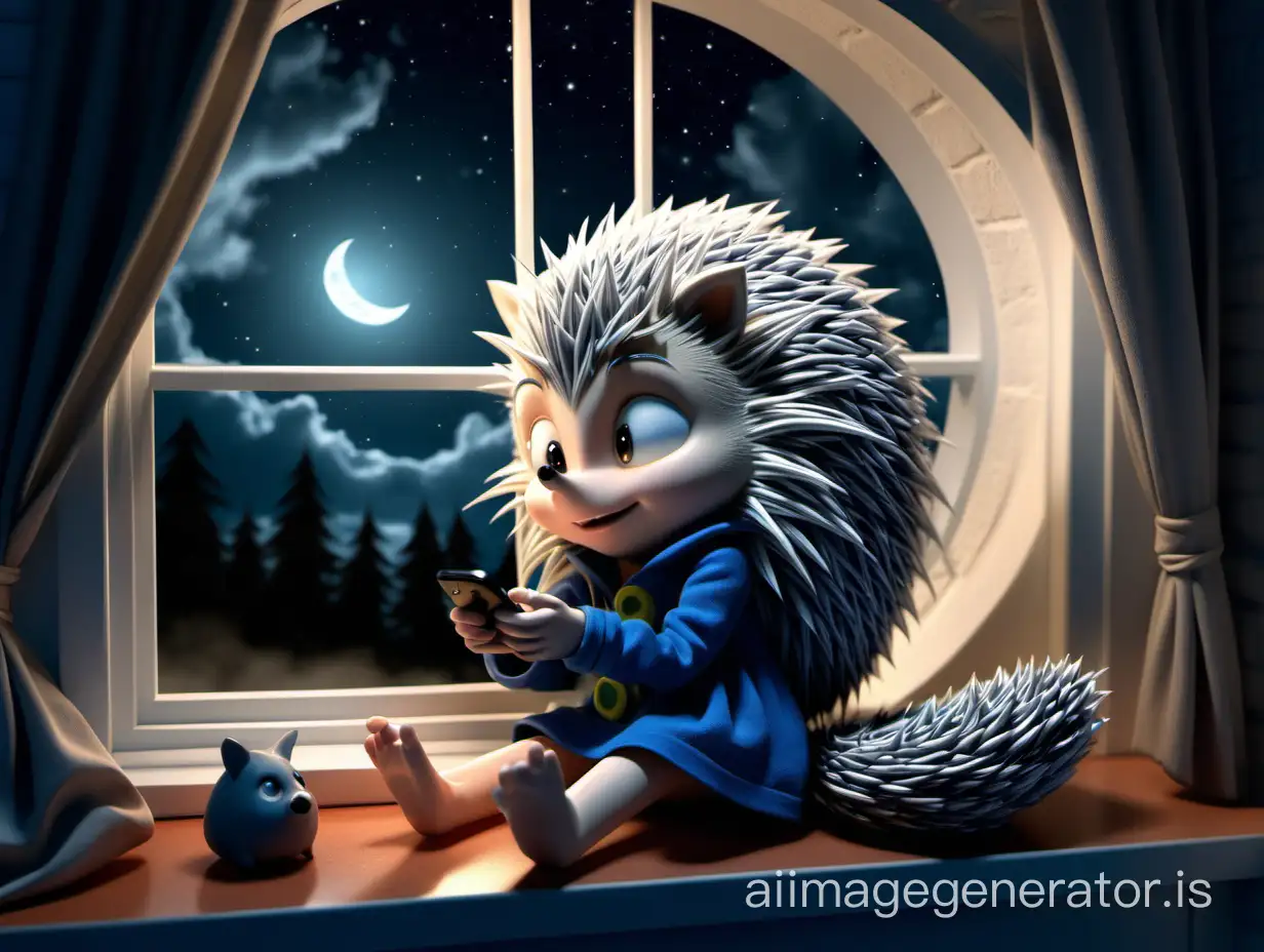 night, the hedgehog girl puts her phone aside and goes to sleep. the moon shines through the window. melatonin in the form of a house spirit stretches its arms forward