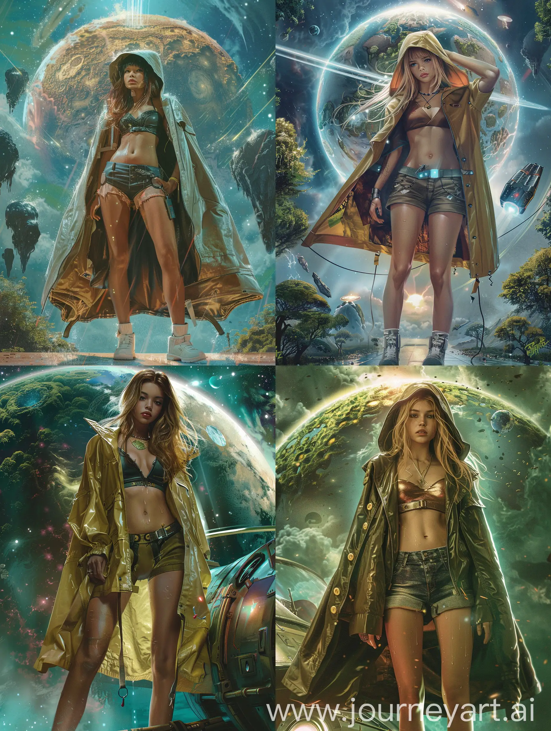 Detailing Illustartion A young woman capitan space cruiser, short shorts mini topic and a long raincoat , created with main focus on magical overgrown planet in space sky, luminous and enchanting, (((rule of thirds))) intricate details, subtle colors, fantasy realm, (((dynamic pose)))) Jim Lee and Luis Royo and Artgerm Lau style, features, ancient, highly detailed, complex, fantasy comic book