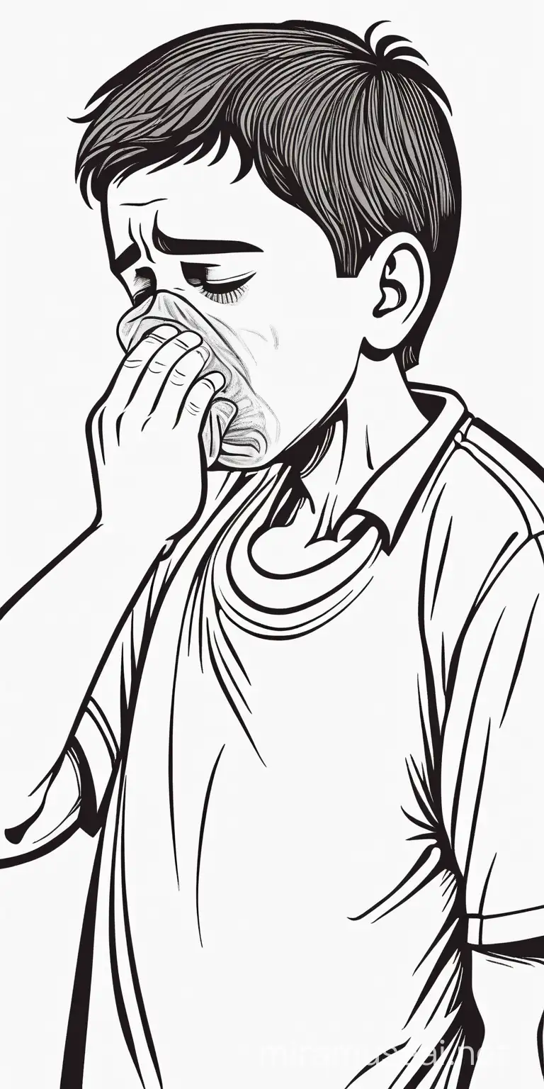 drawing illustration of Hispanic son coughing and covering his nose.
