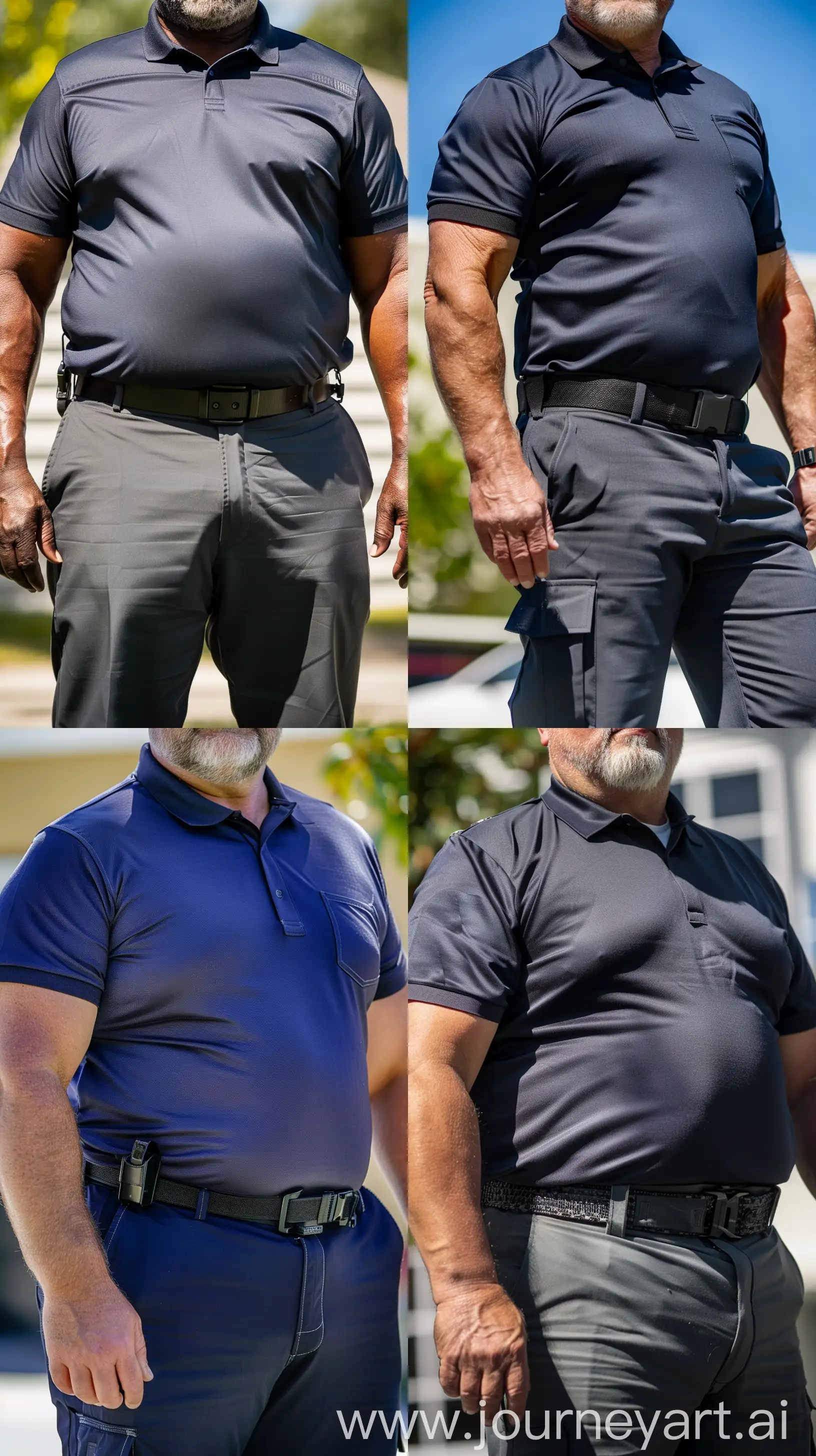 Close-up chest-level full body photo of a fat man aged 60 wearing a silk navy security guard slim-fitted pants and a tucked in silk navy sport polo. Black tactical belt. Outside. Bald. Clean Shaven. Natural light. --style raw --ar 9:16
