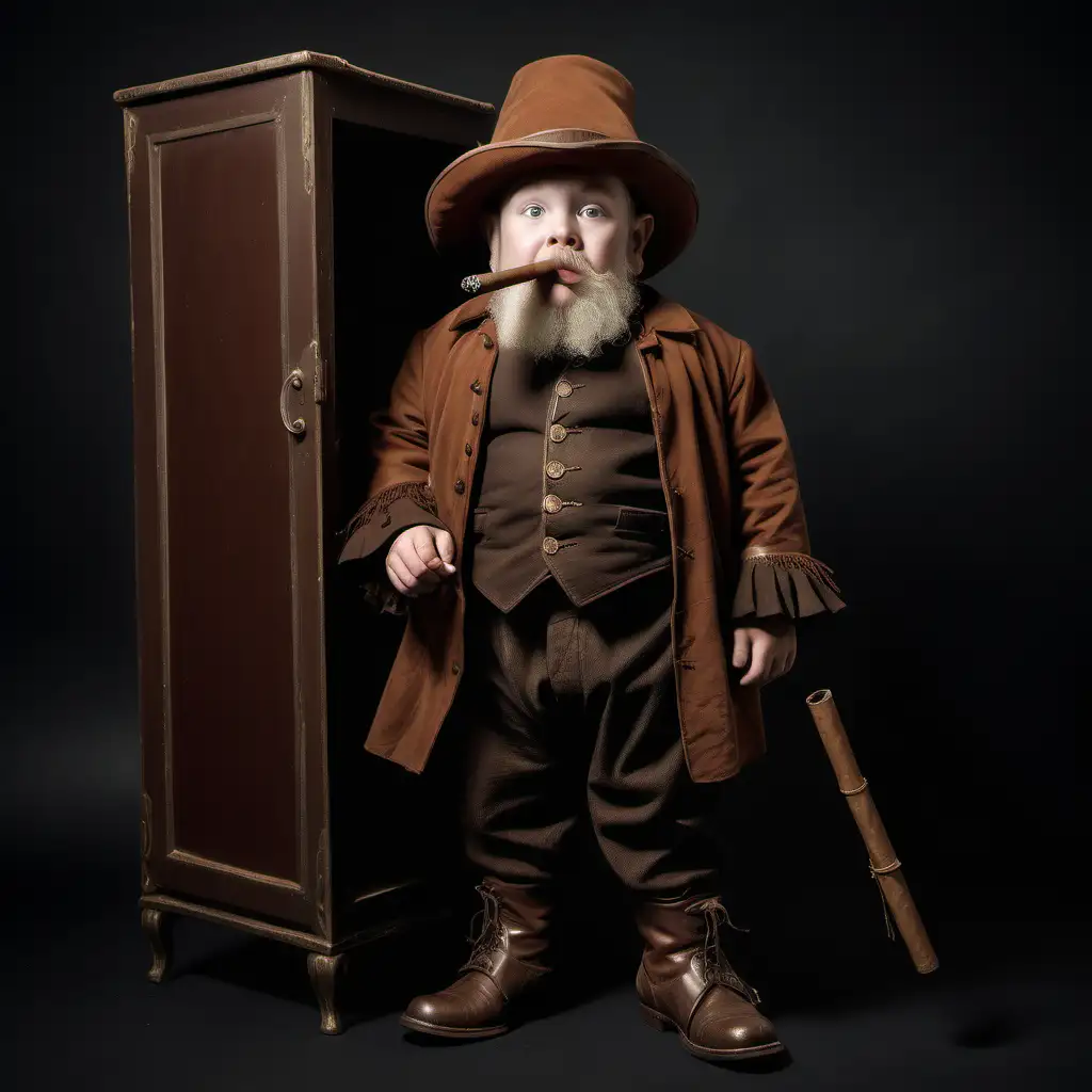 

a supernatural dwarf being , with one cigar in his mouth, wearing 1800's brown clothing & with leather shoes with leather fringing on the top  ,wearing a A hat, in a wardrobe