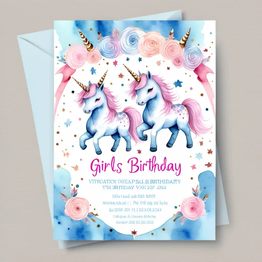 girls birthday invitation with watercolor pale pink and blue unicorns, no text