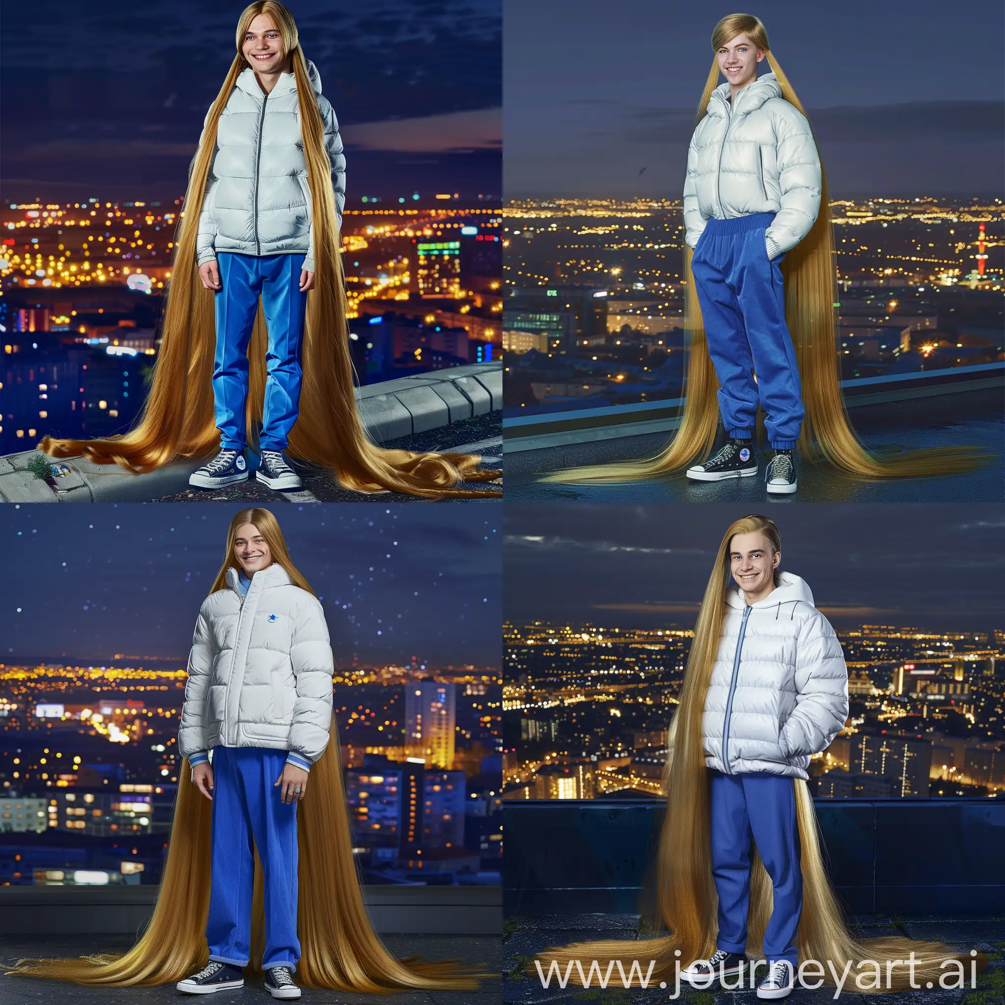 An European young man with blue eyes, smile,very long straight golden hair, long golden hair growing to the ground, wearing a white down jacket, blue trousers, black Converse shoes, background is a city night,Photorealistic, Full body shot, photorealistic, 8K, HDR, 3D rendering, real life, --quality 3