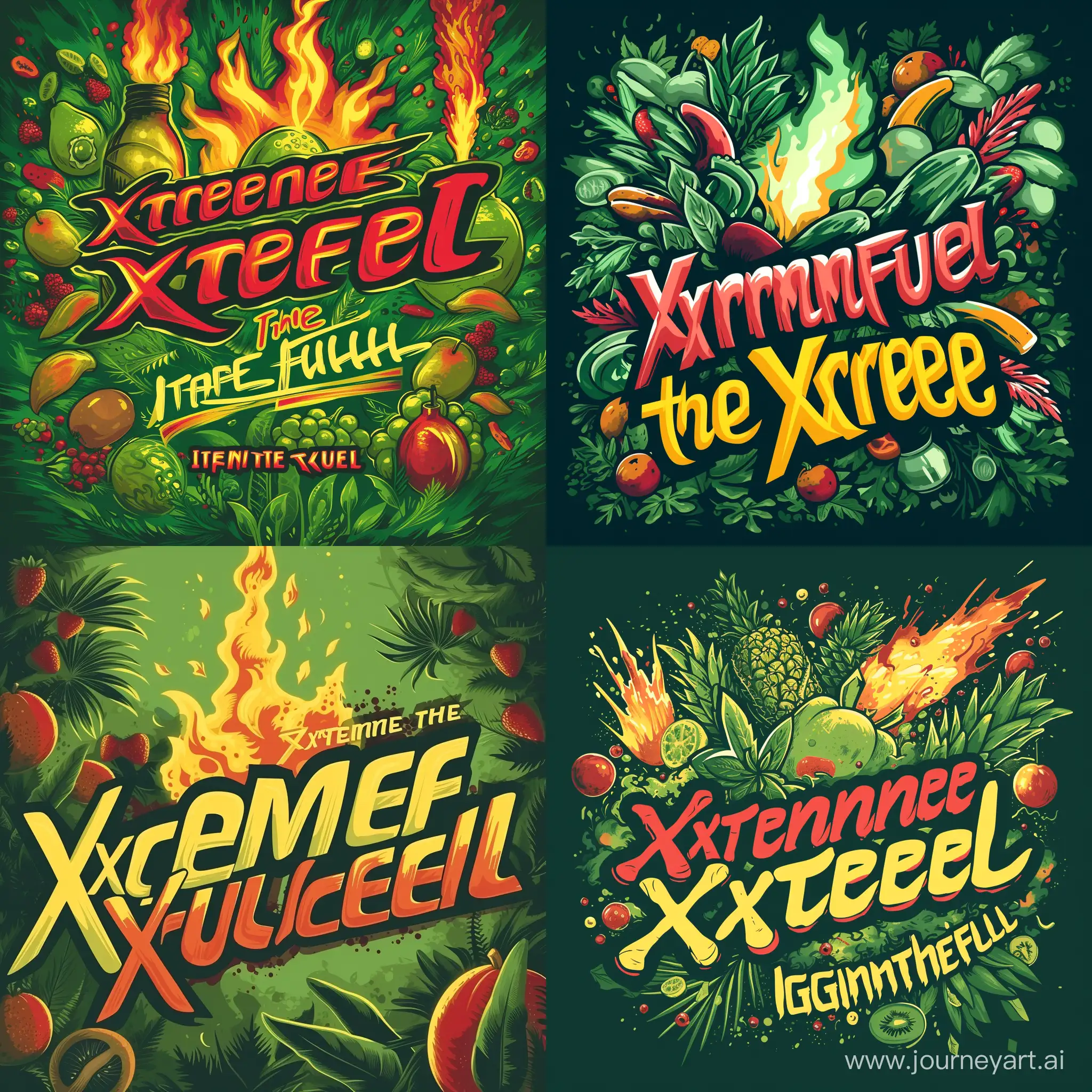 A logo dor a energydrink whit the name XtremeFuel with a slogan Ignite the Xtreme. XtremeFuel is adveturos and healthy. Green and fruity and earthy backgrond whit som energetic red and yellow in the text. . With fruity and earthy background.