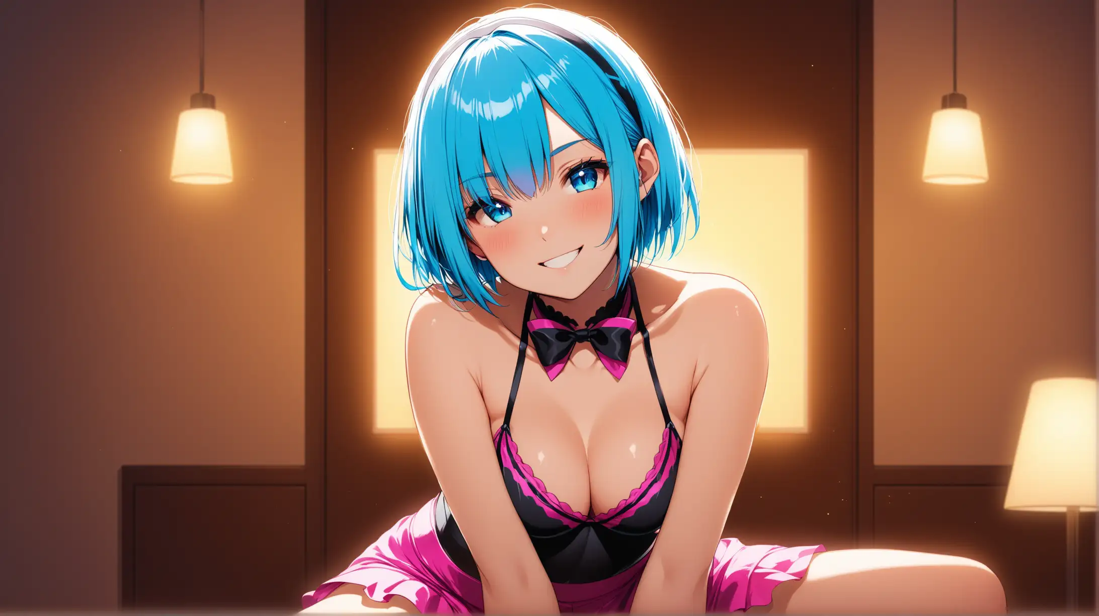 Draw the character Rem, high quality, indoors, ambient lighting, long shot, in a seductive pose, wearing a colorful outfit, smiling at the viewer