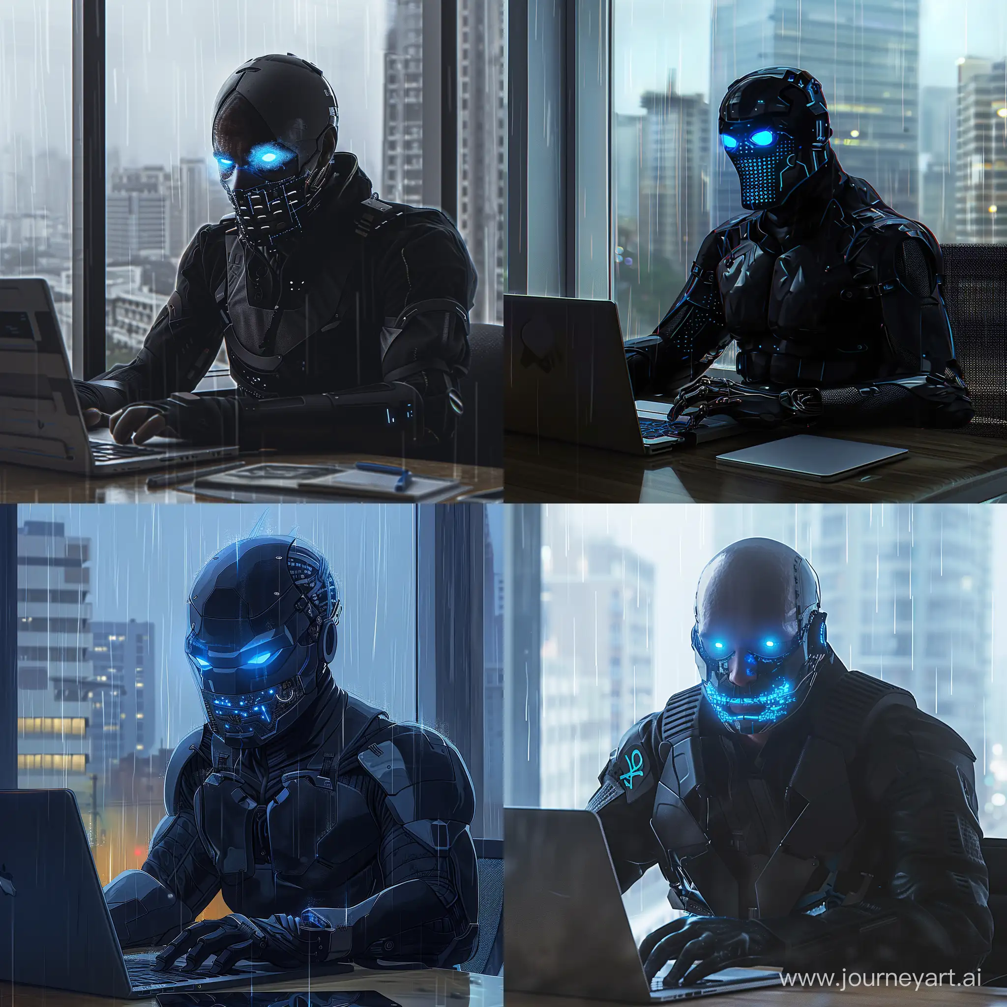 AI CYBORG ninja wearing ai powered cyber punk black suit, blue glowing eyes, serious yet menacing pose , cyborg ai mouthguard covering lower half of his mouth and face, sitting at office desk hacking a laptop front facing, window behind him showing rainy city , smooth edges