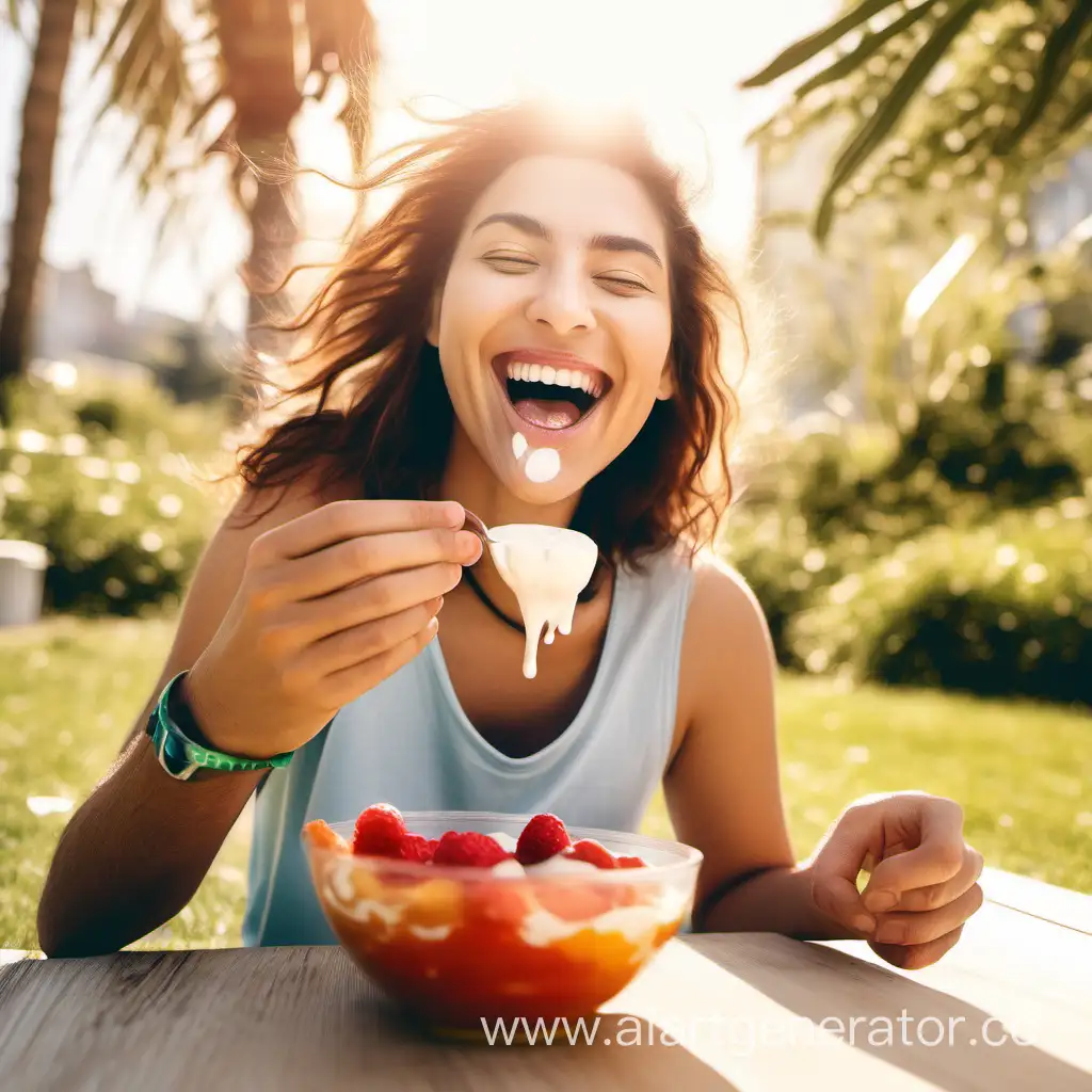 счастливый человек ест йогурт под солнцем