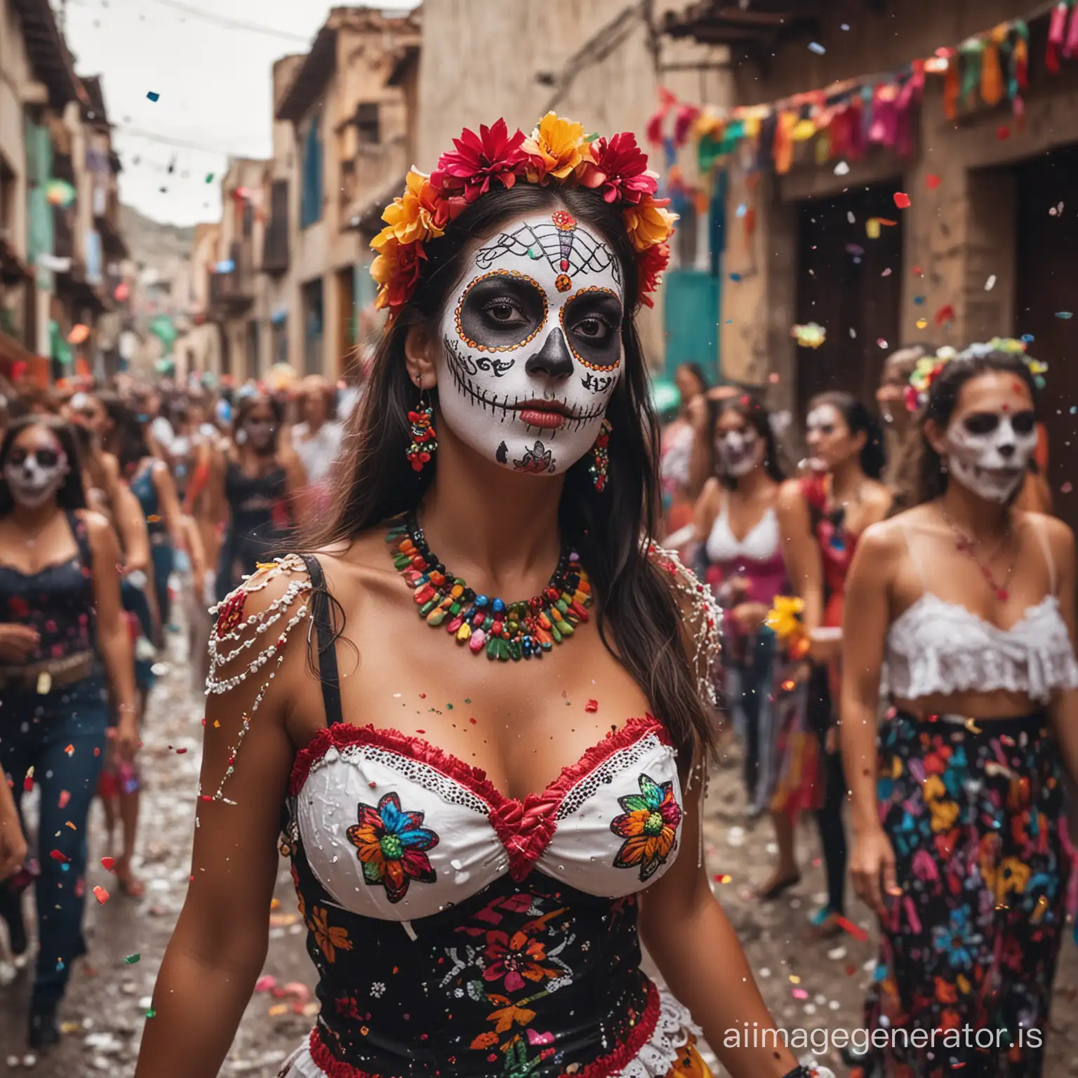 el dia de los muertos avec une batucada dans une ruelle d'un village du mexique, photo dynamique et très coloré, ambiante festive, musique et femmes très sexy, insane cleavage, musiciens, batucada, beaucoup de monde, photo de qualité professionnelle très dynamique, batucada, gens qui dansent, confettis, photo lumineuse 