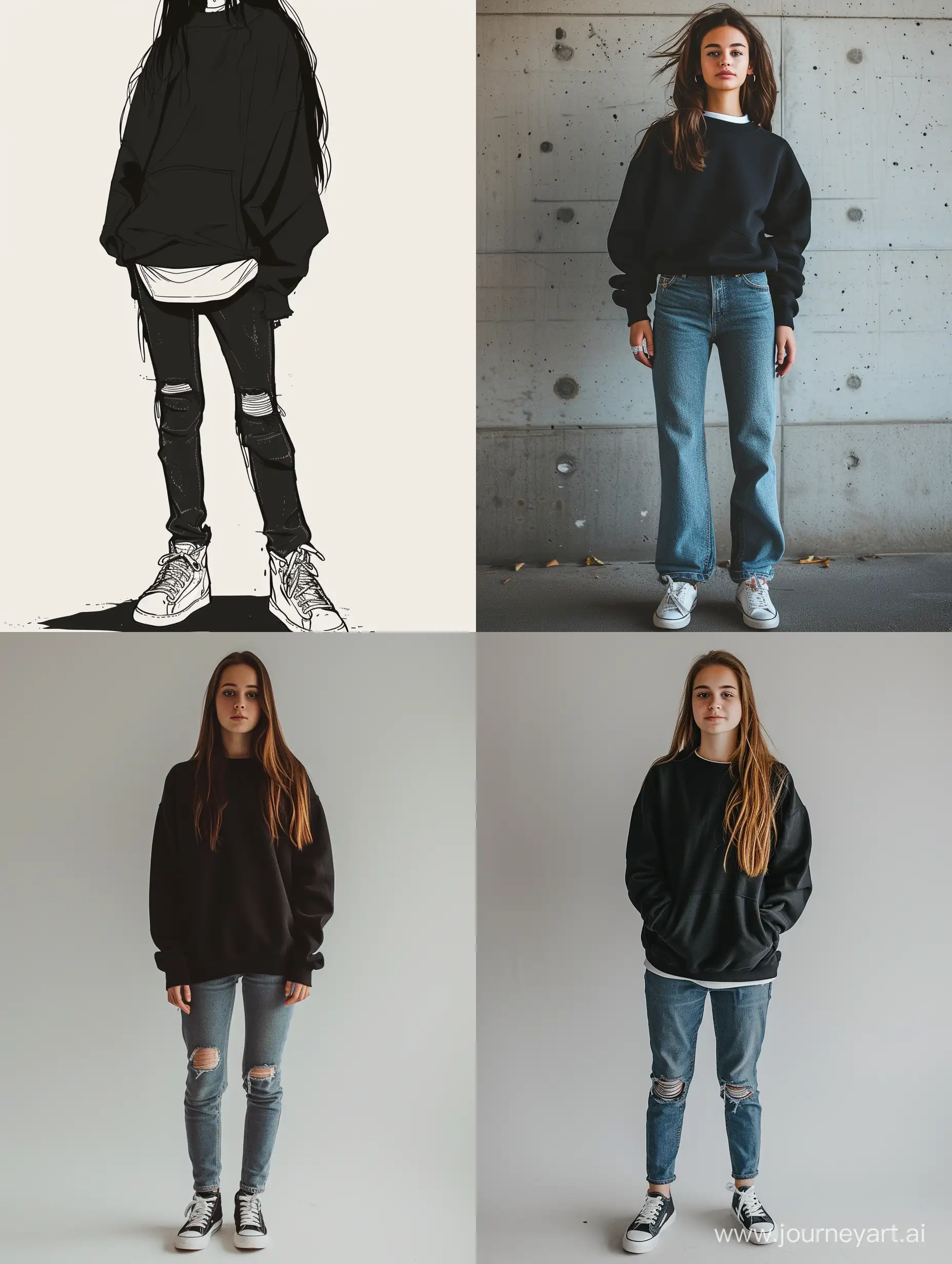 Young-Woman-Standing-Tall-in-Stylish-Black-Sweatshirt-and-Jeans