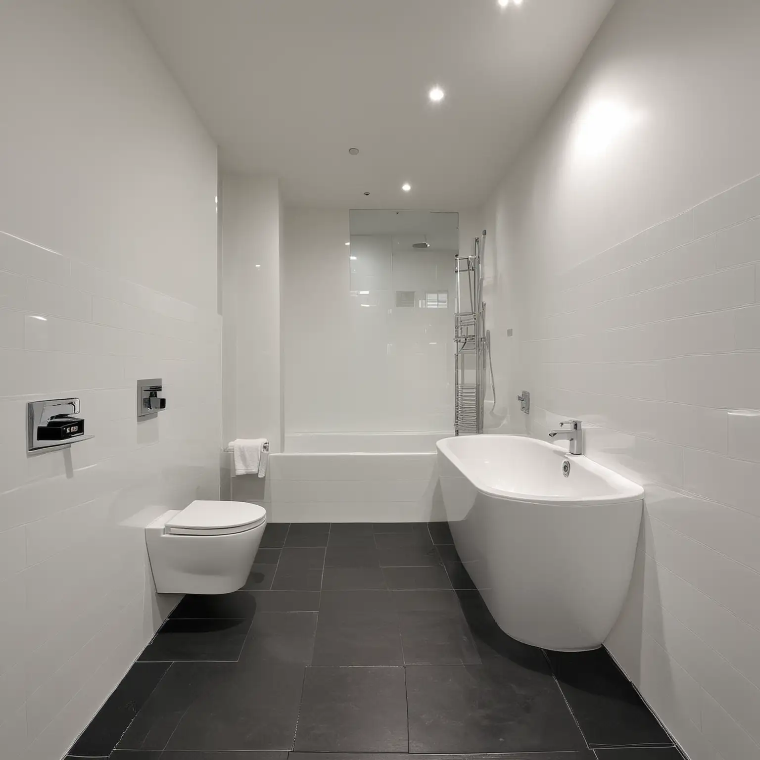 toilet and bath room, 4 white  wall, light black ceramic floor.