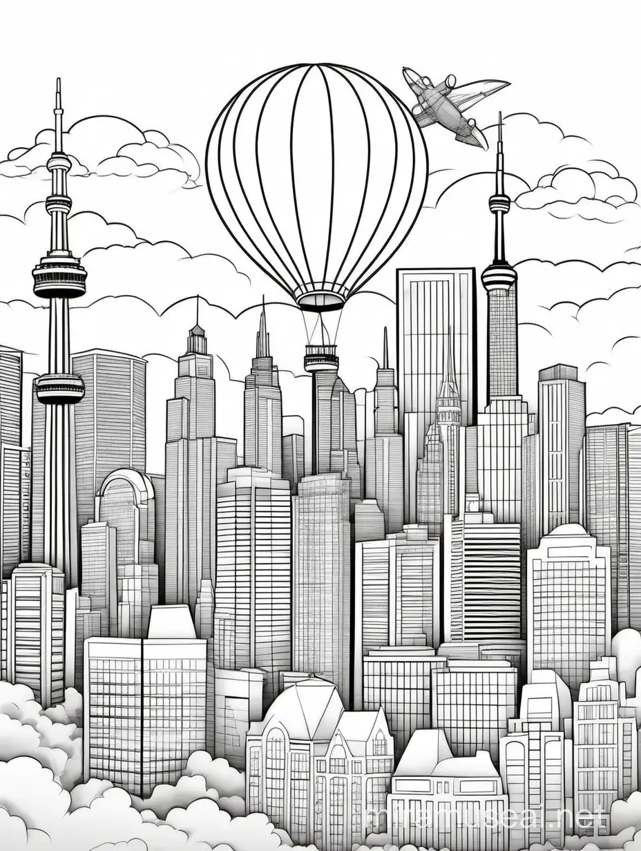 100% white background, coloring page for adults, clean and simple line art, clear outlines, Toronto, landmarks, a balloon flying in the sky, --no shading, color