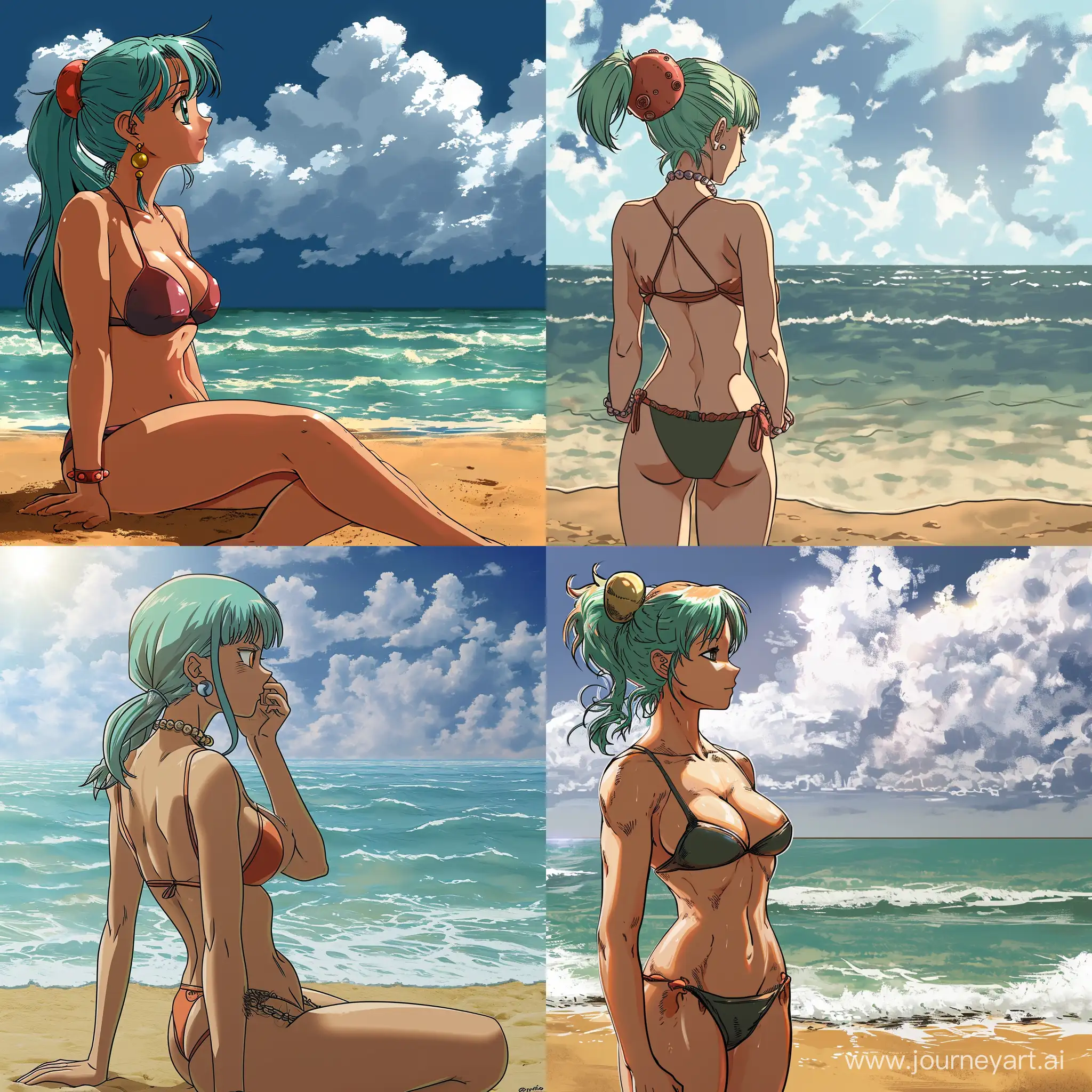 bulma watching the sea in the beach in a bikini