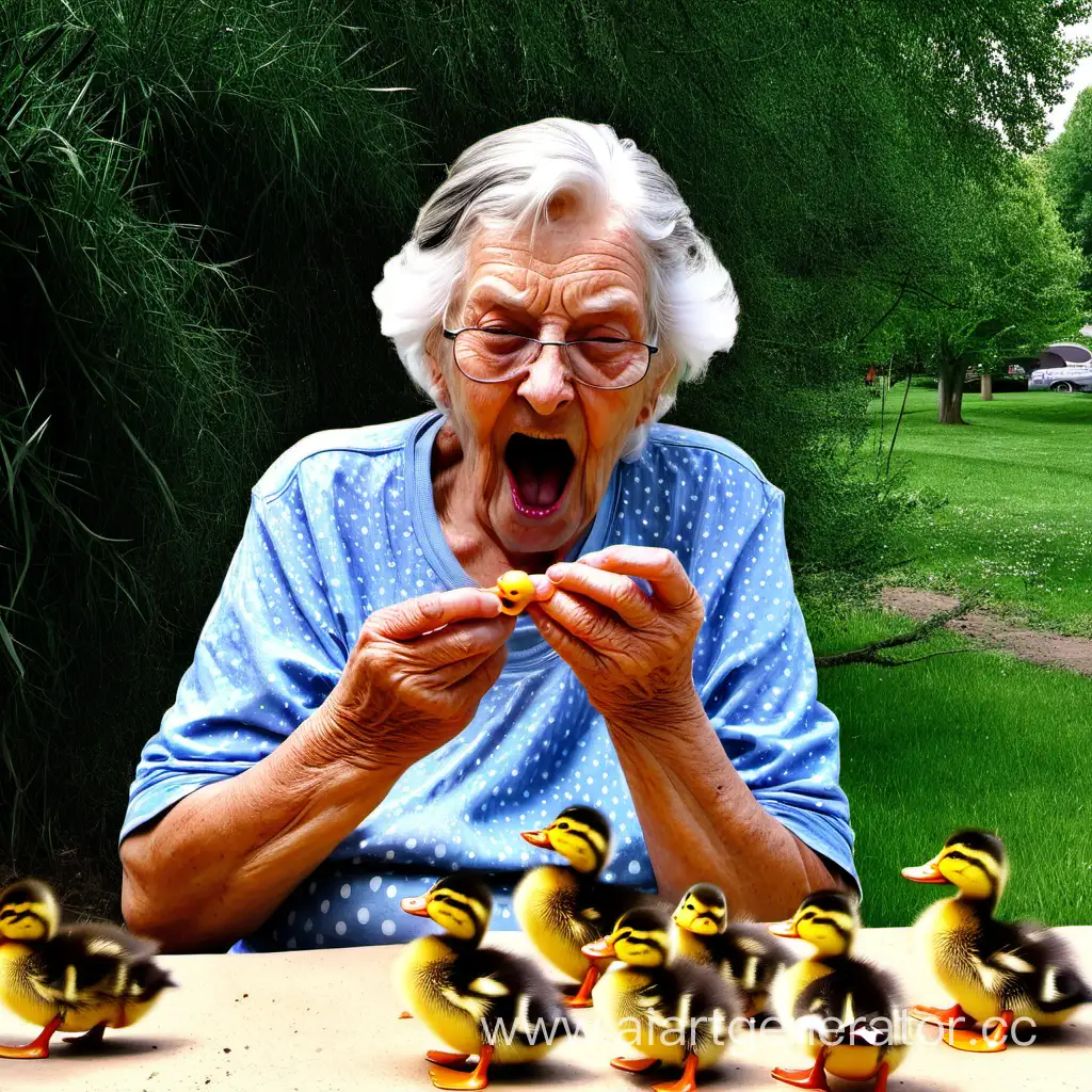 Elderly-Woman-Enjoying-Time-with-Ducklings