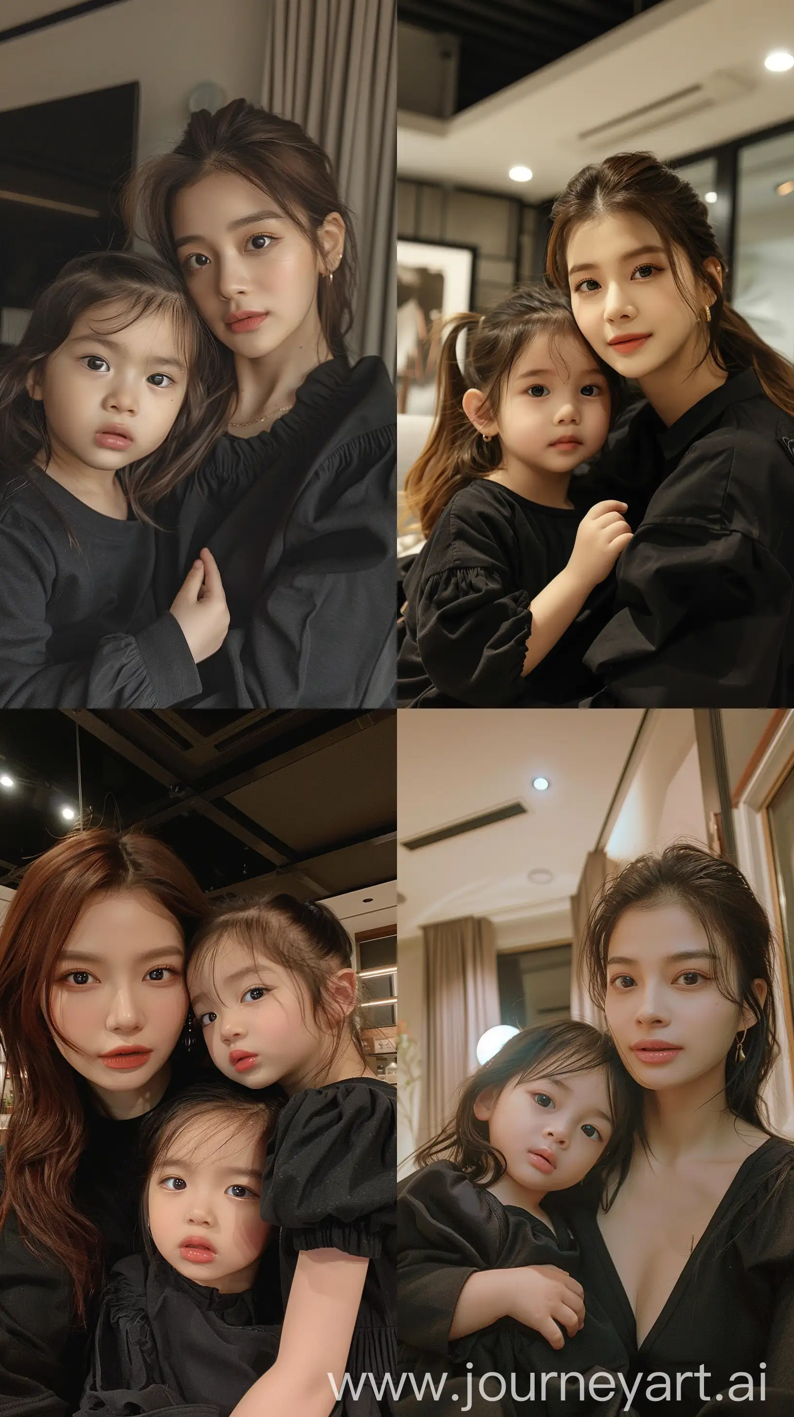 blackpink's jennie selfie with 2 years old  girl, facial feature look a like blackpink's jennie, aestethic selfie, wearing black outfit, night times, aestethic make up,hotly elegant young mom,simple looks,casual everyday --ar 9:16 --stylize 250