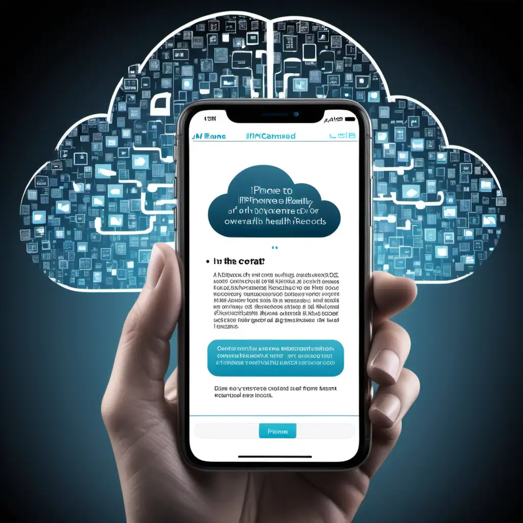 I want to create an image of a iPhone in the foreground and in the background a data Cloud with ML and AI converting the PDF's on the  iPhone into digital Health Records for the patient, giving  patients ownership of their health records in digital format
