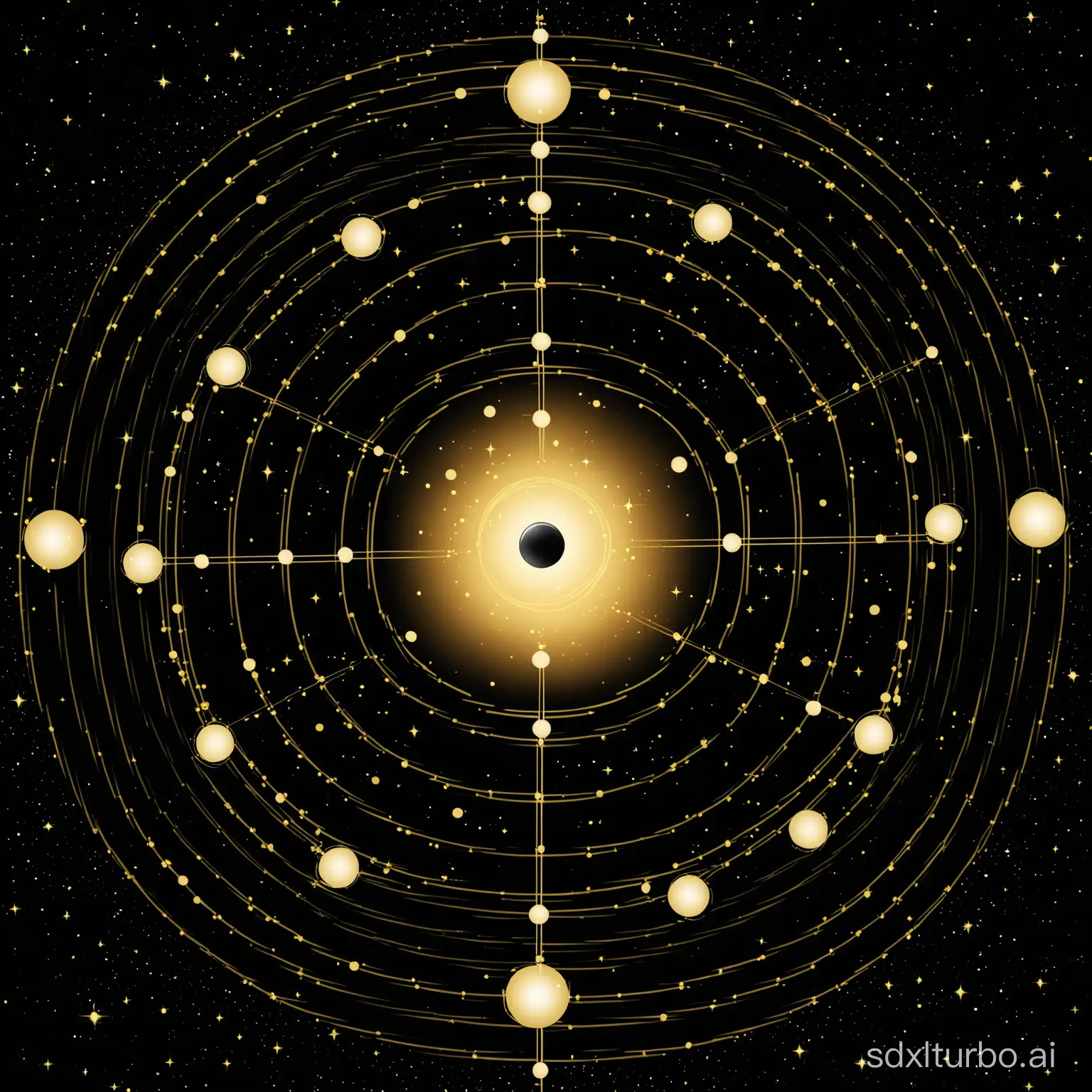 Tai Chi diagram, black and gold, needs to have particles surrounding it, needs to have a sense of the vastness of the universe,