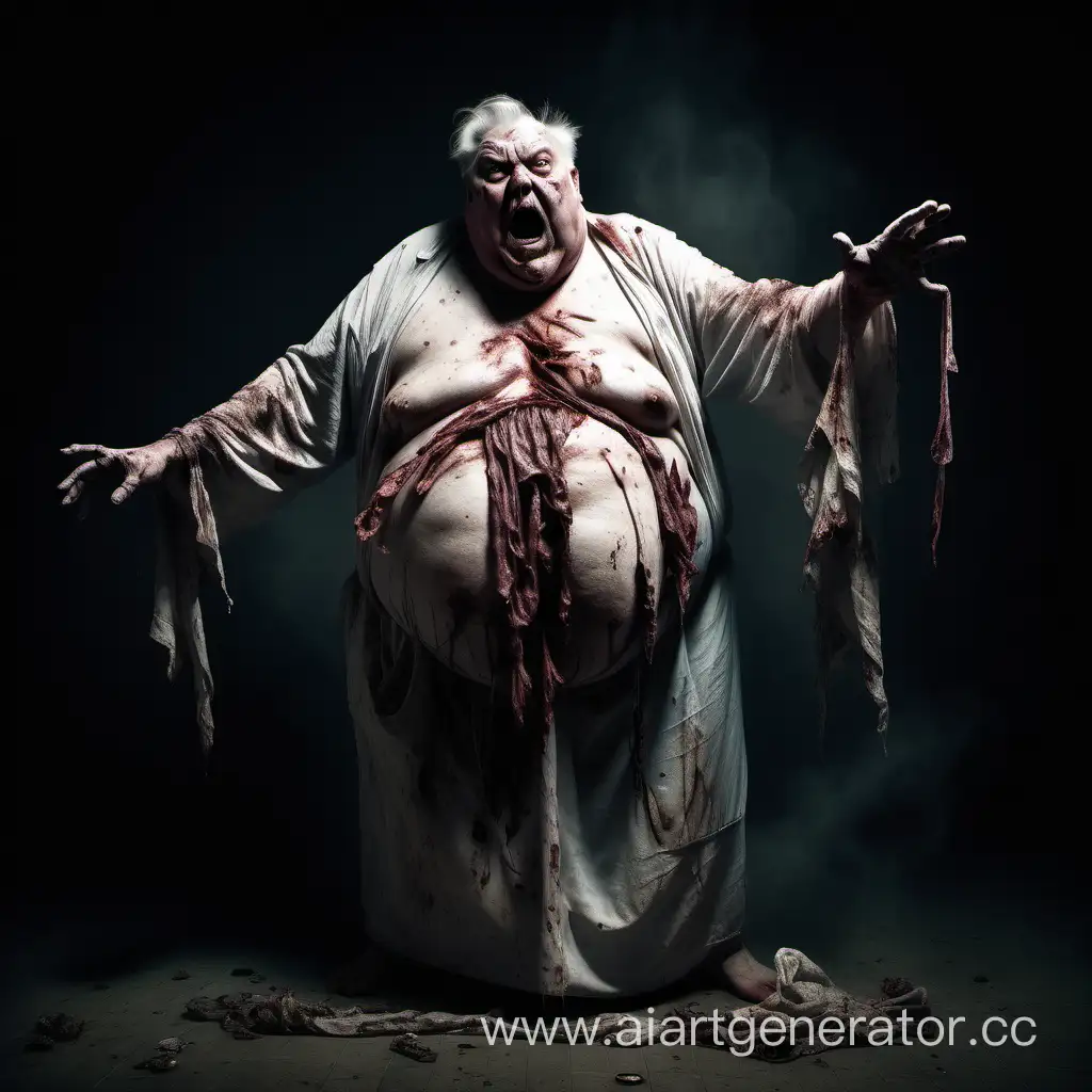 Злой мертвый призрак толстого старого мужчины в лохмотьях стоит в полный рост и собирается атаковать, а с его тела свисают куски собственного мяса и кожи