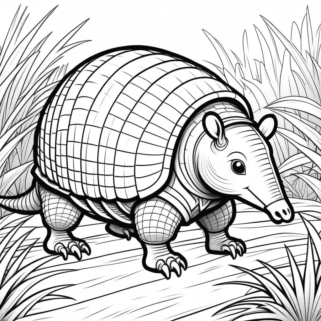 imagine a coloring page kids ages 8-12 featuring an armadillo , cartoon style, thick bold lines,  
low detail. no shading --ar 9:11